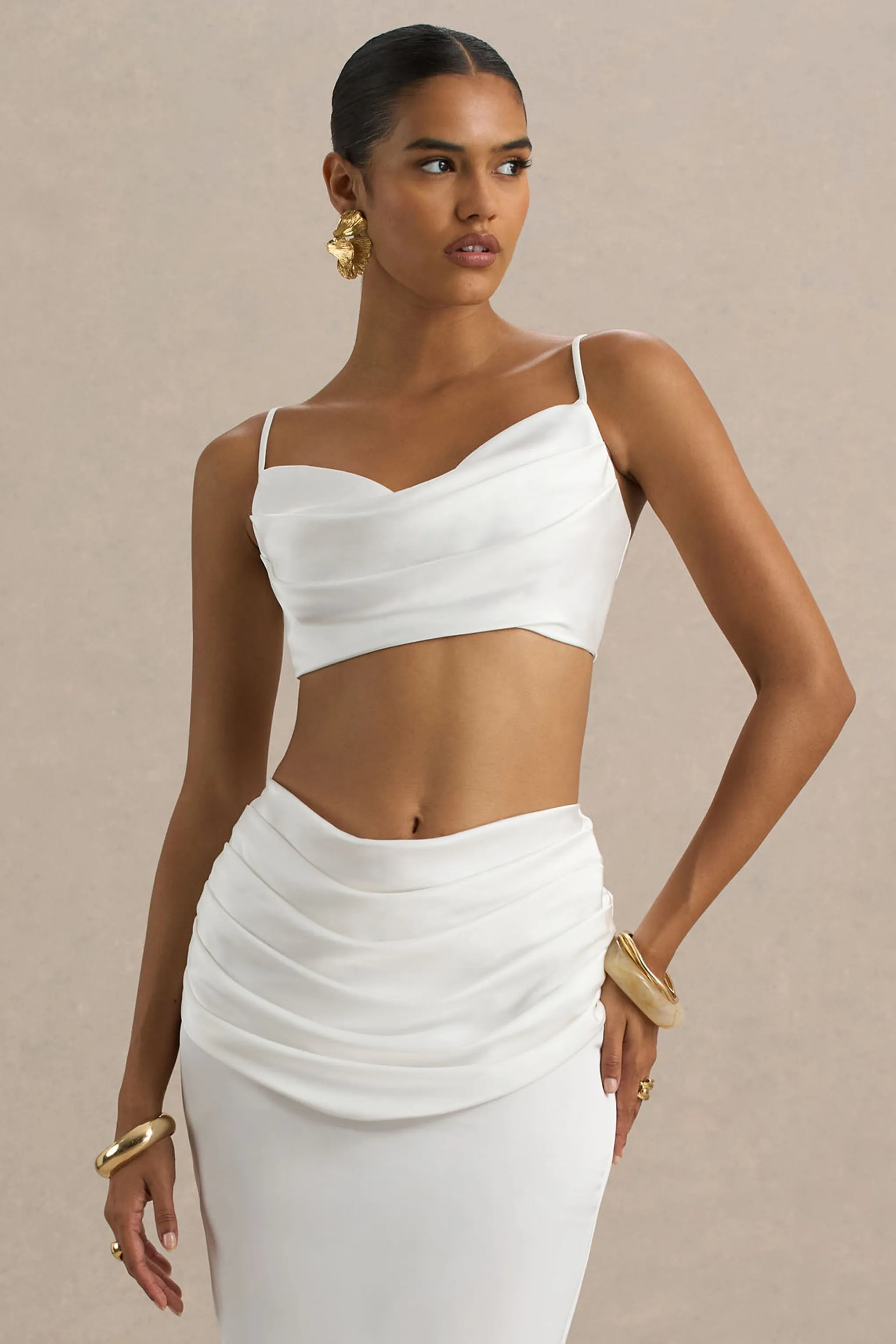 Una | White Ruched Cowl-Neck Crop Top sold by Club L London product image thumbnail 3