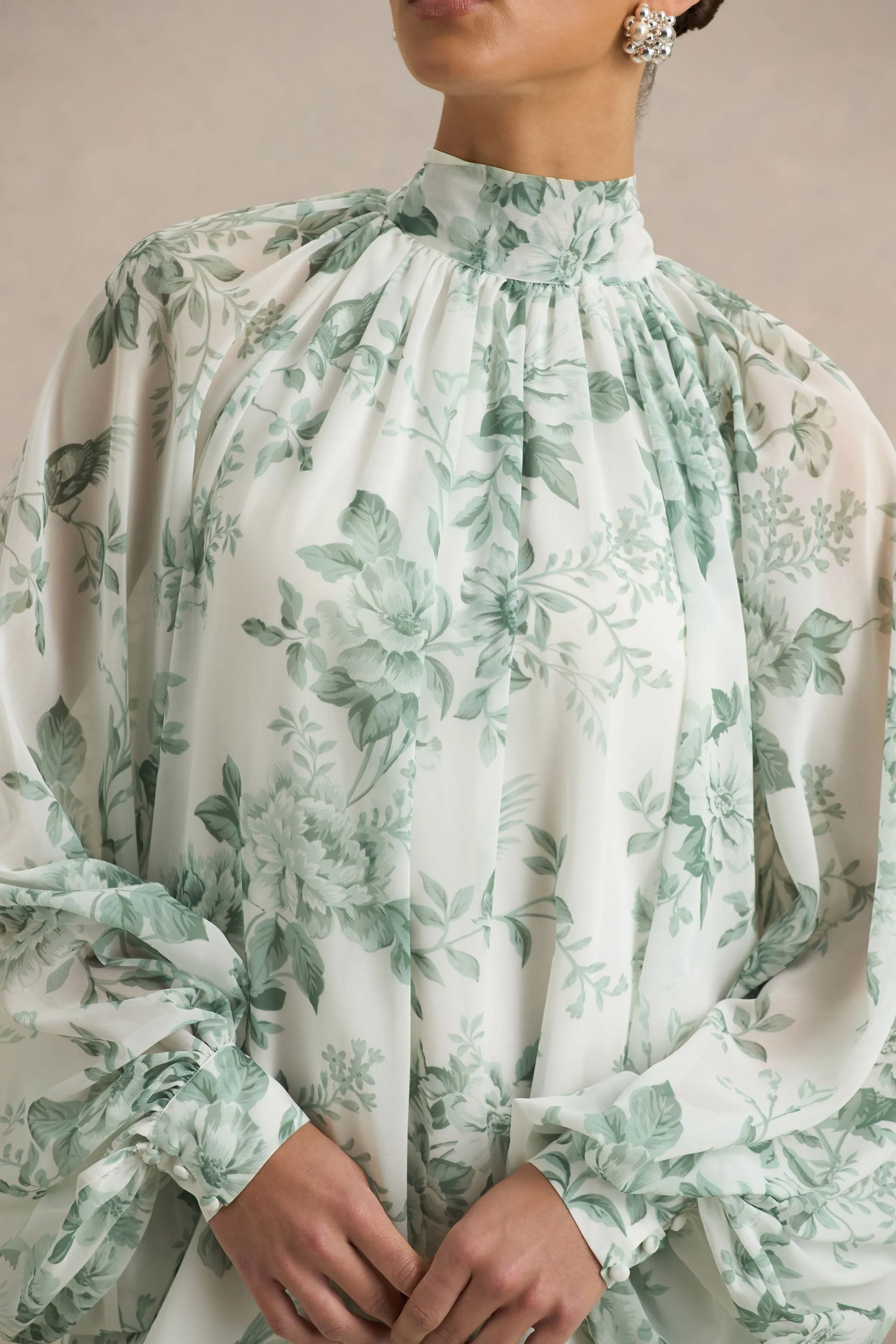 Delphia | Green Floral Print High-Neck Maxi Dress sold by Club L London product image thumbnail 2