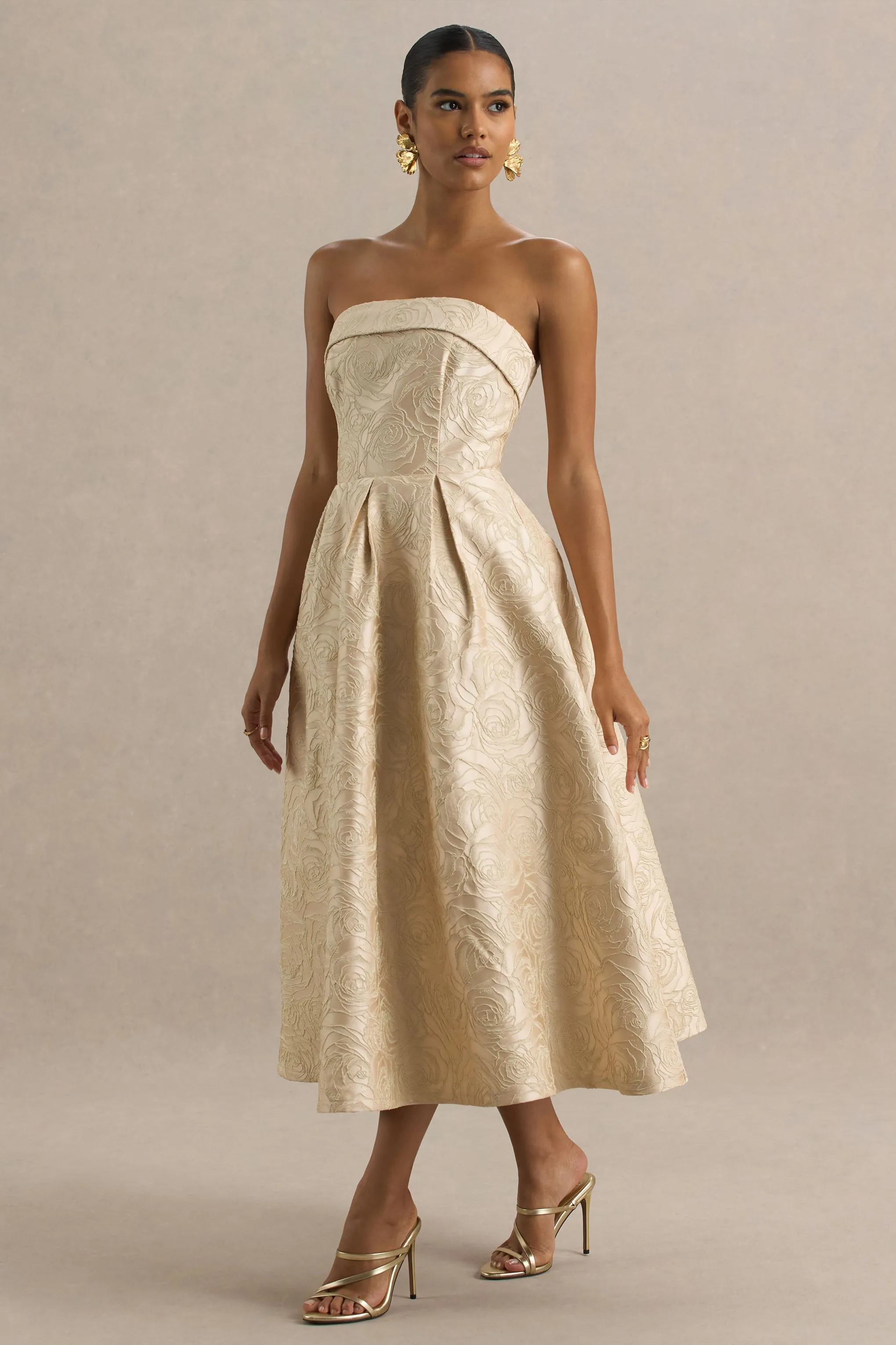 Hypnotic | Gold Jacquard Bandeau Midi Dress sold by Club L London