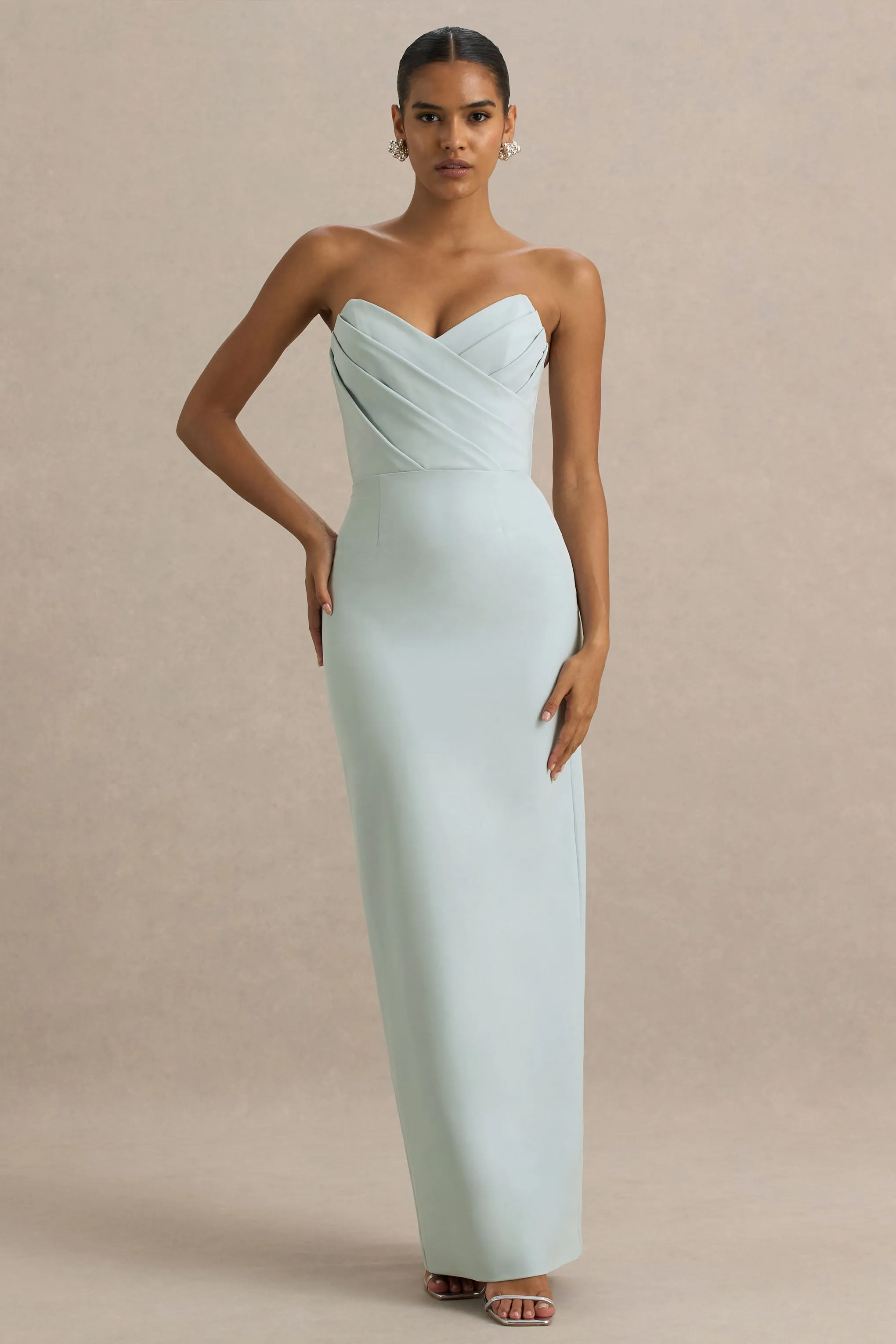 Fierce | Light Blue Asymmetric Ruched Maxi Dress sold by Club L London