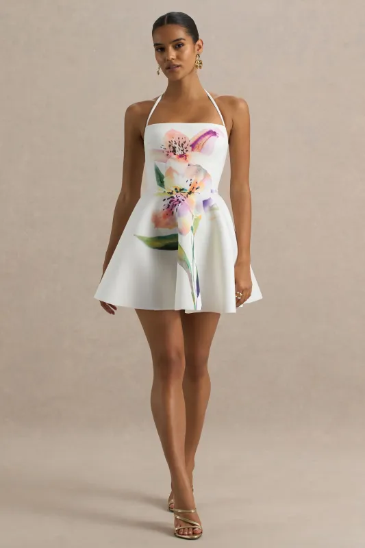 Taylor | White Lily Print Square-Neck Mini Dress sold by Club L London