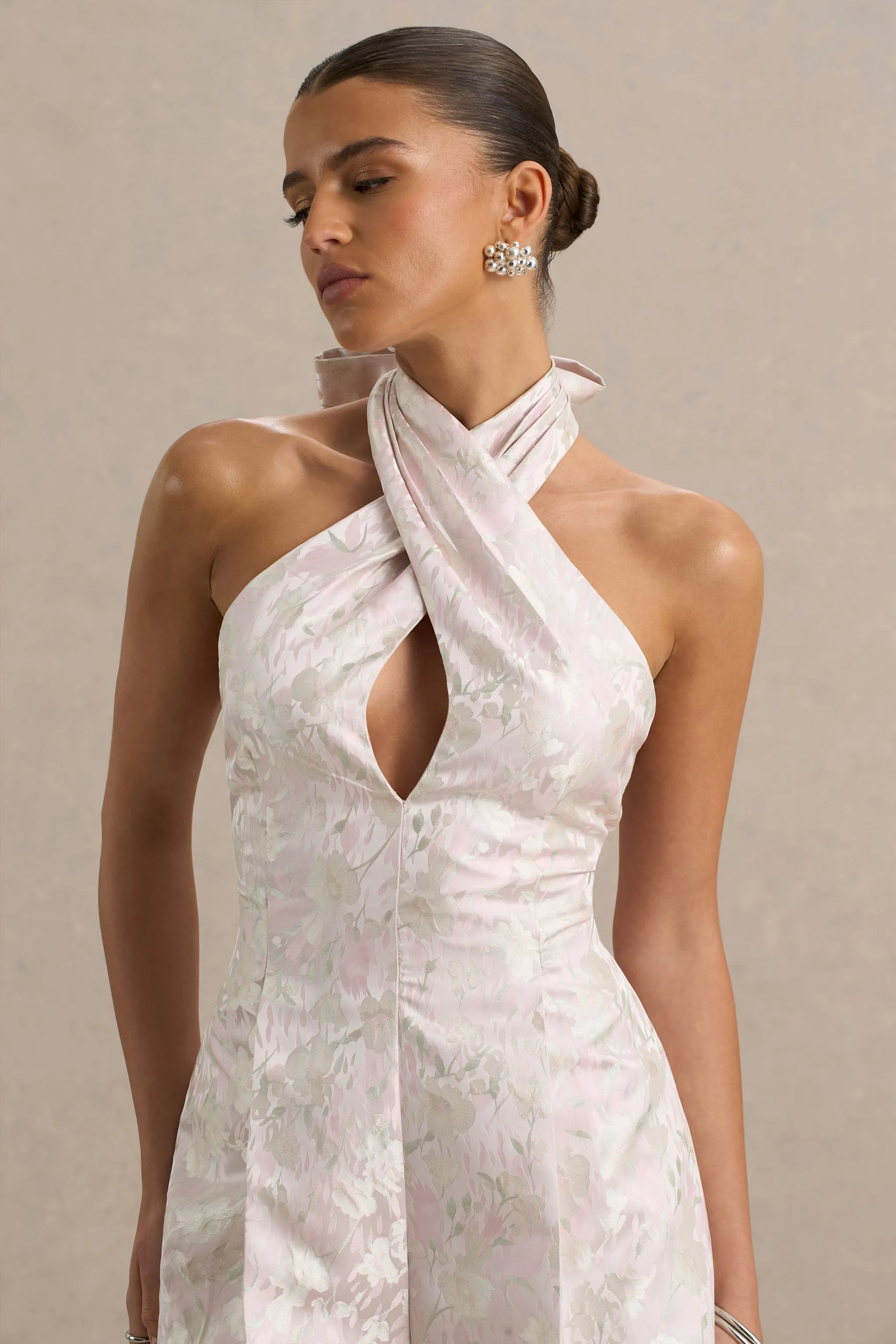 Sharie | Cream Floral Print Jacquard Halter-Neck Playsuit With Cut-Out Detail sold by Club L London product image thumbnail 5