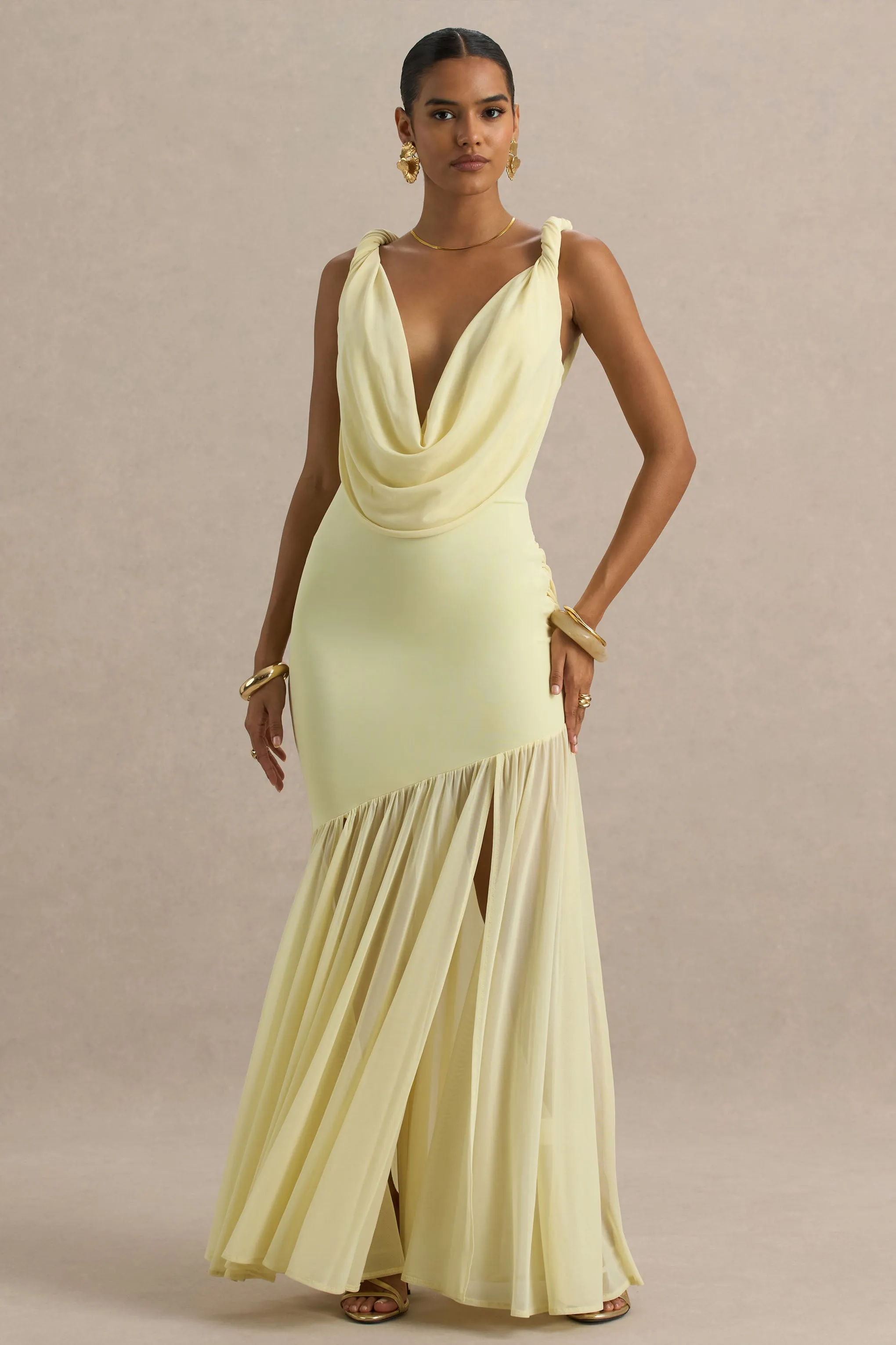 Meggie | Lemon Plunge-Neck Twisted Maxi Dress With Chiffon Skirt sold by Club L London