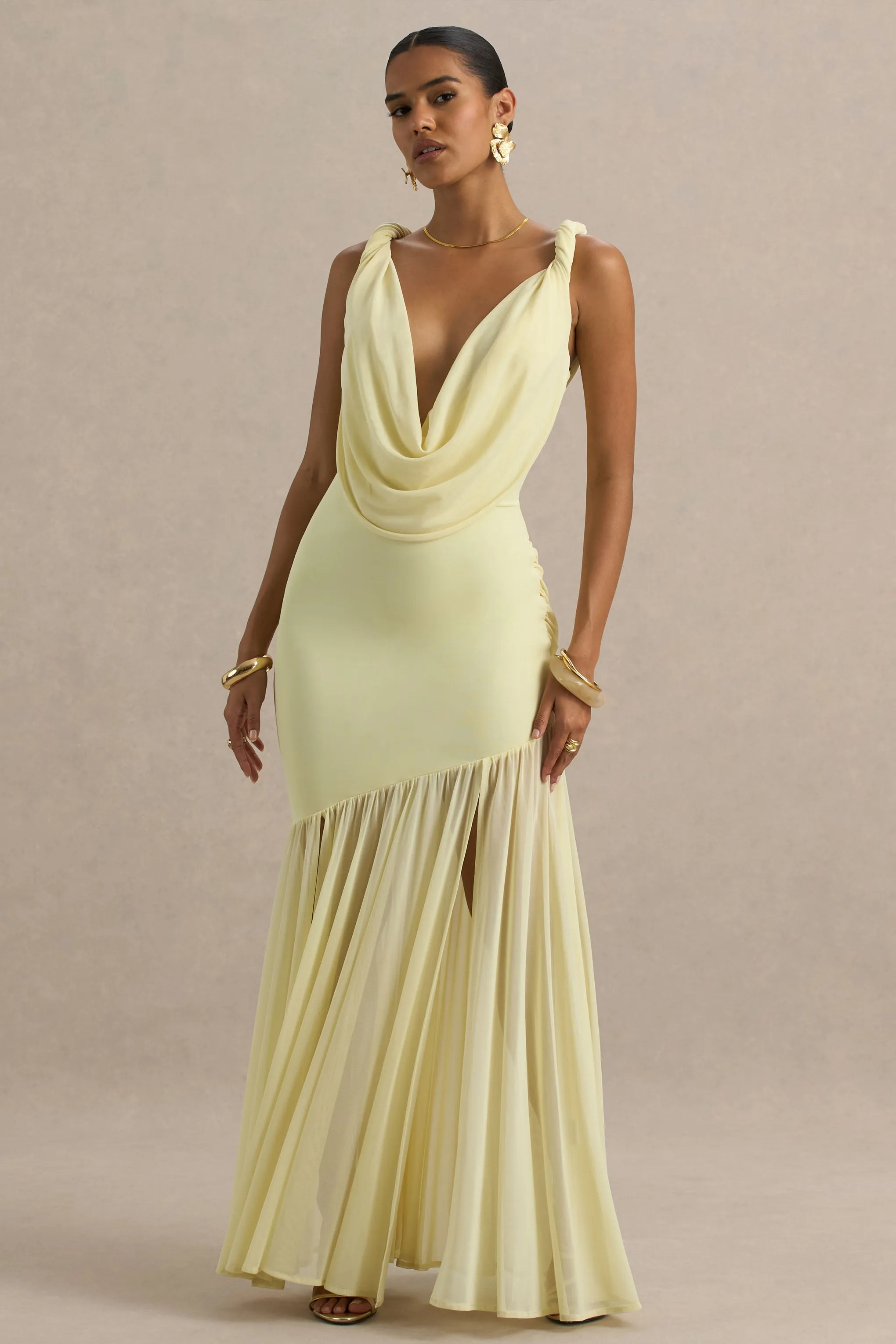 Meggie | Lemon Plunge-Neck Twisted Maxi Dress With Chiffon Skirt sold by Club L London product image thumbnail 5