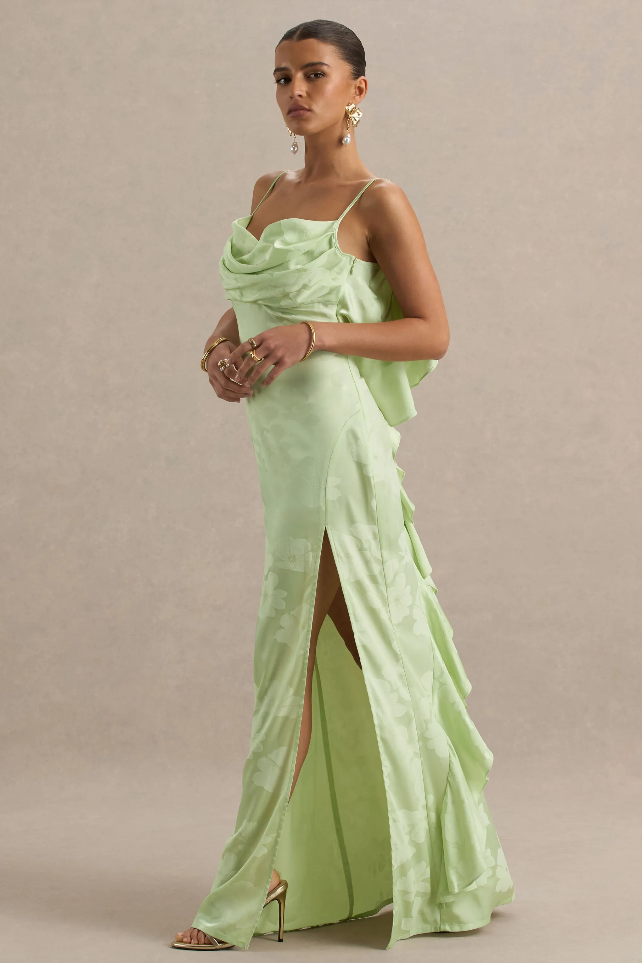 Maddie | Light Green Floral Print Satin Cowl-Neck Maxi Dress sold by Club L London product image thumbnail 5