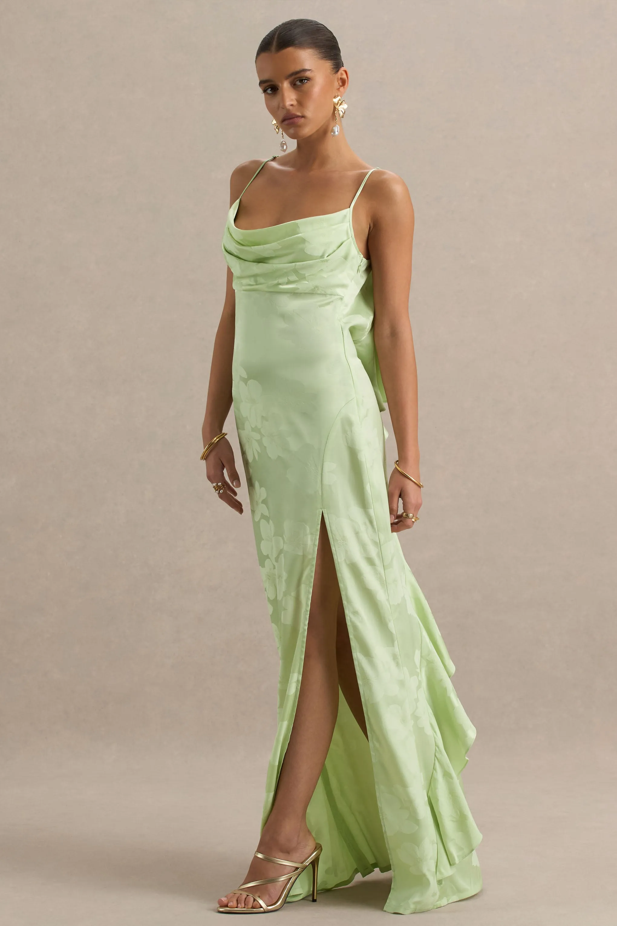 Maddie | Light Green Floral Print Satin Cowl-Neck Maxi Dress sold by Club L London product image thumbnail 3