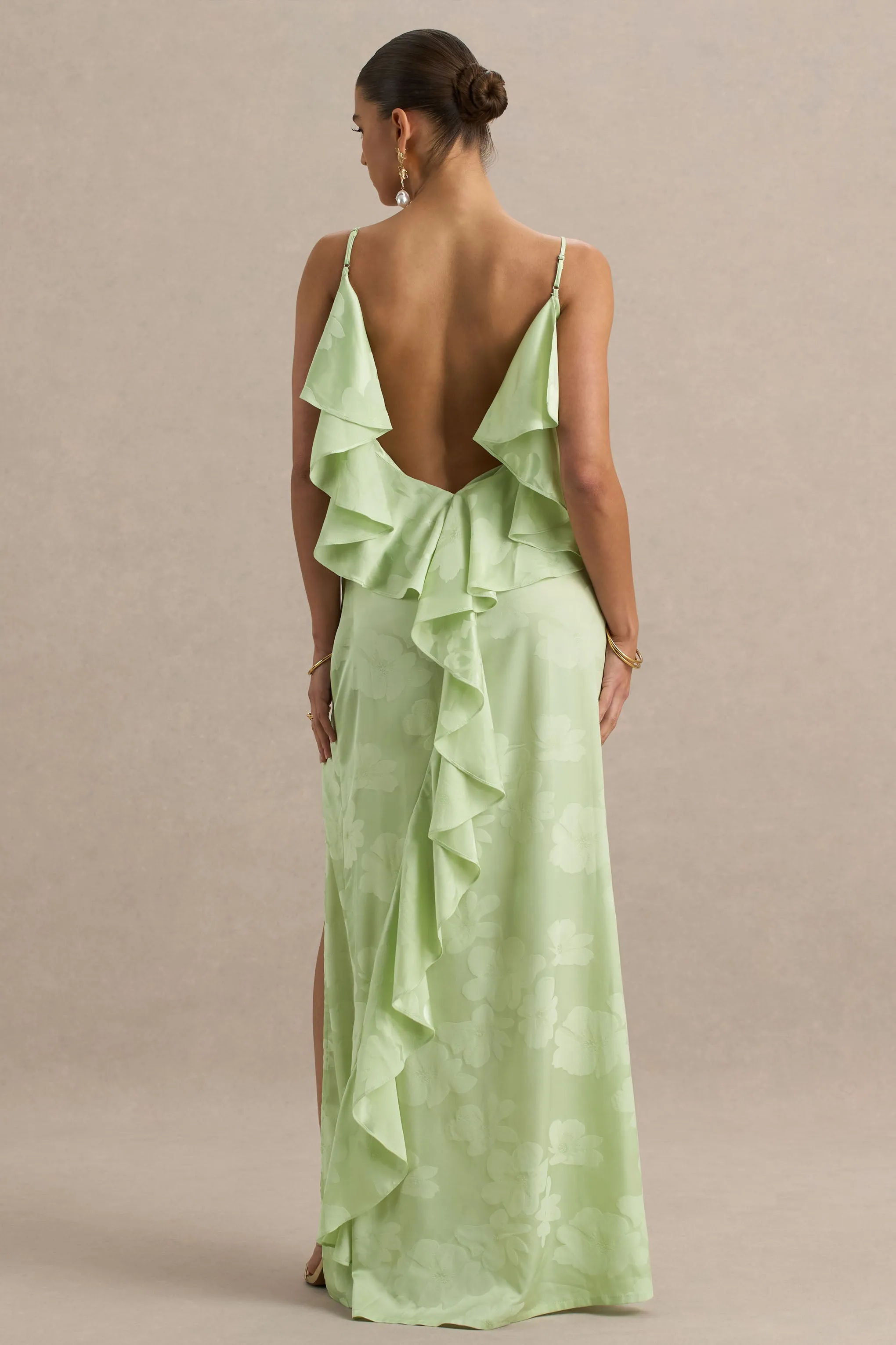 Maddie | Light Green Floral Print Satin Cowl-Neck Maxi Dress sold by Club L London product image thumbnail 2