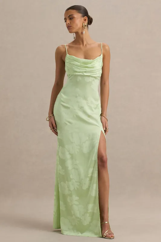 Maddie | Light Green Floral Print Satin Cowl-Neck Maxi Dress sold by Club L London