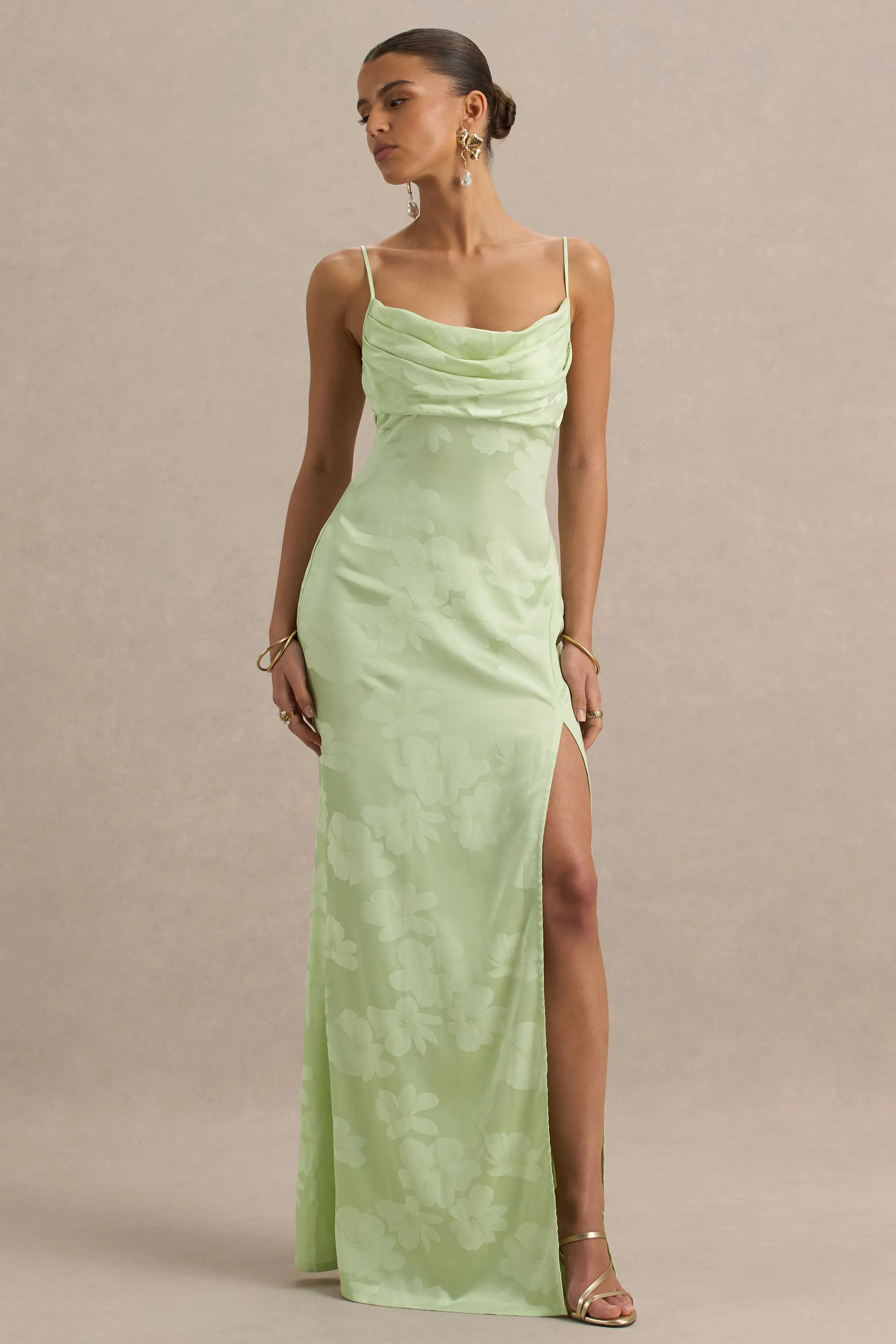 Maddie | Light Green Floral Print Satin Cowl-Neck Maxi Dress sold by Club L London