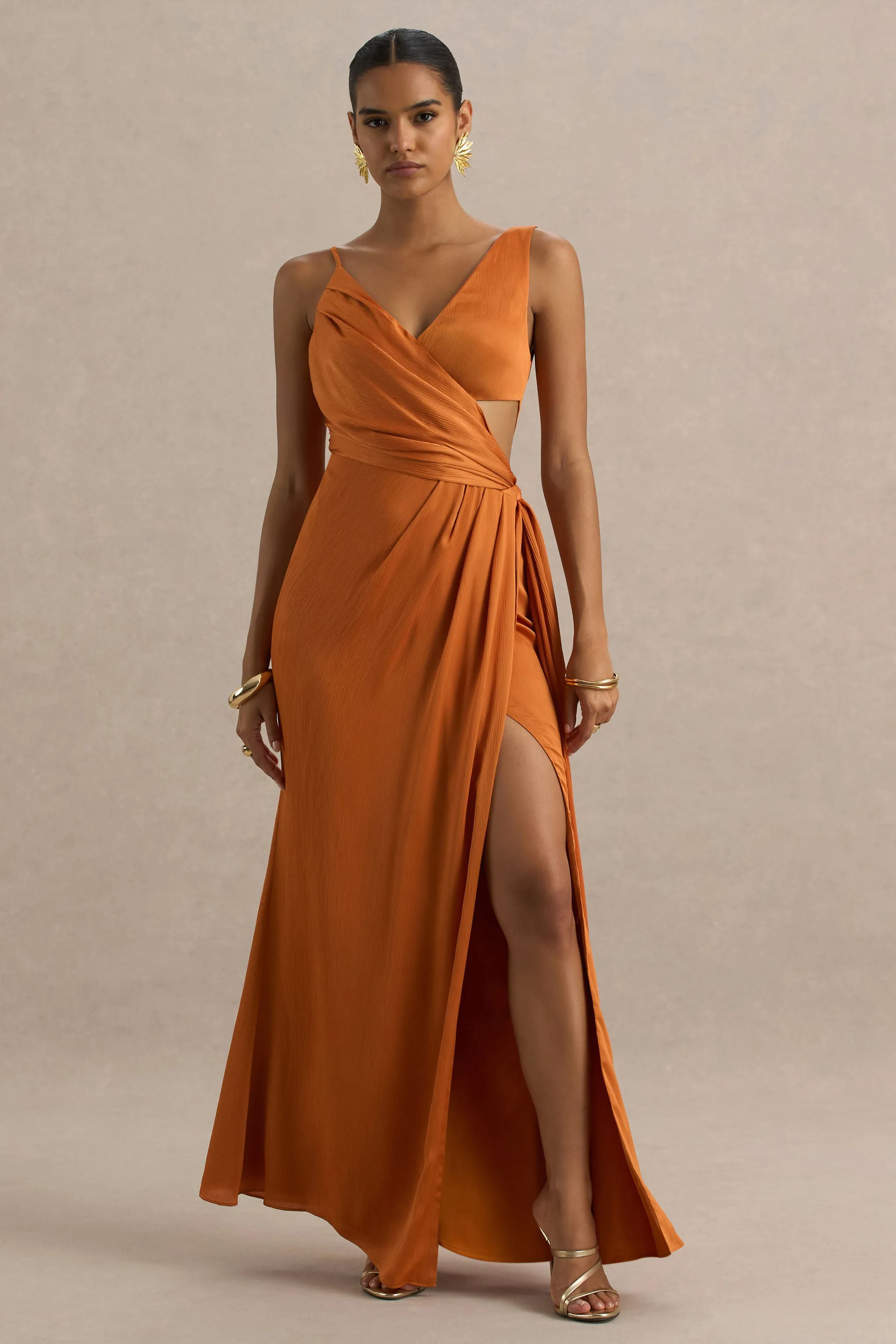 Livia | Orange Plunge-Neck Fishtail Maxi Dress sold by Club L London product image thumbnail 3