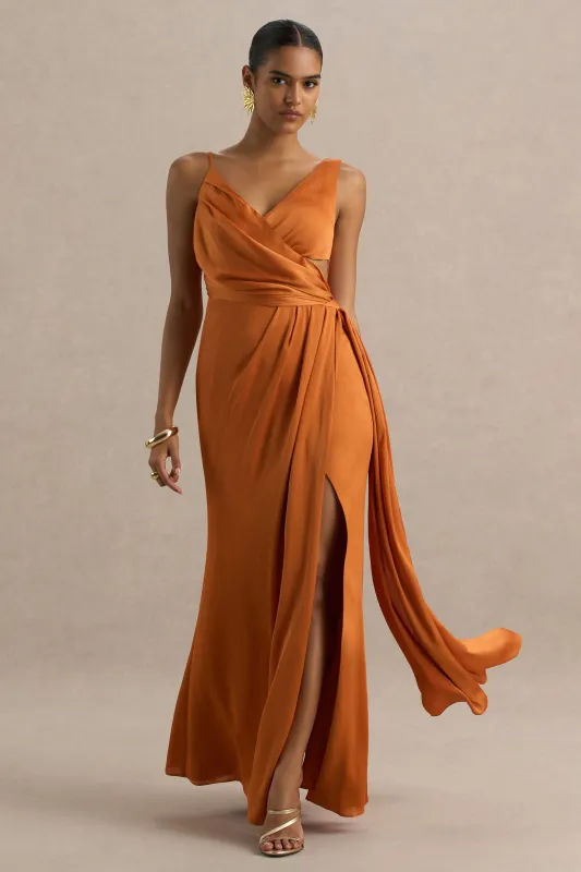 Livia | Orange Plunge-Neck Fishtail Maxi Dress sold by Club L London