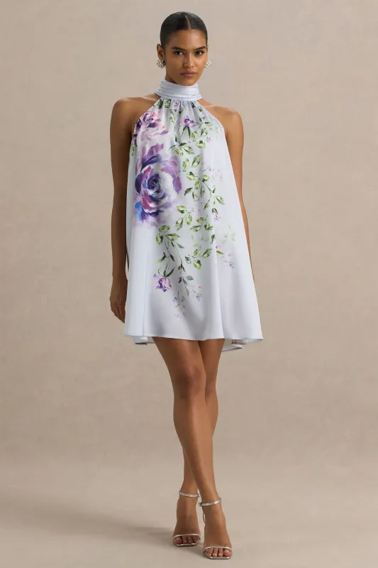 Evita | Powder Blue Rose Print High-Neck A-Line Mini Dress With Bow sold by Club L London