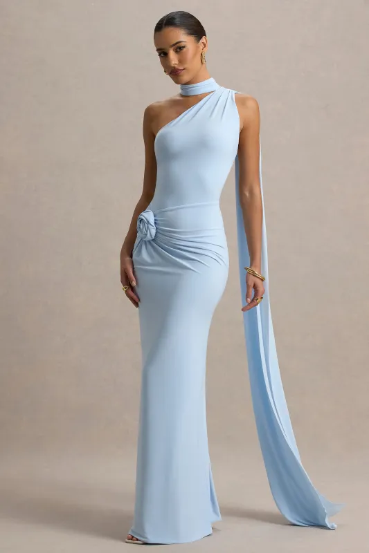 Rita | Powder Blue Asymmetric Wrap Maxi Dress With Scarf sold by Club L London