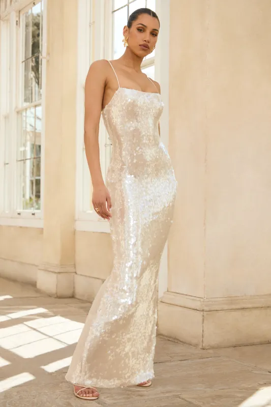 Vermont | Nude Sequin Square-Neck Maxi Dress sold by Club L London