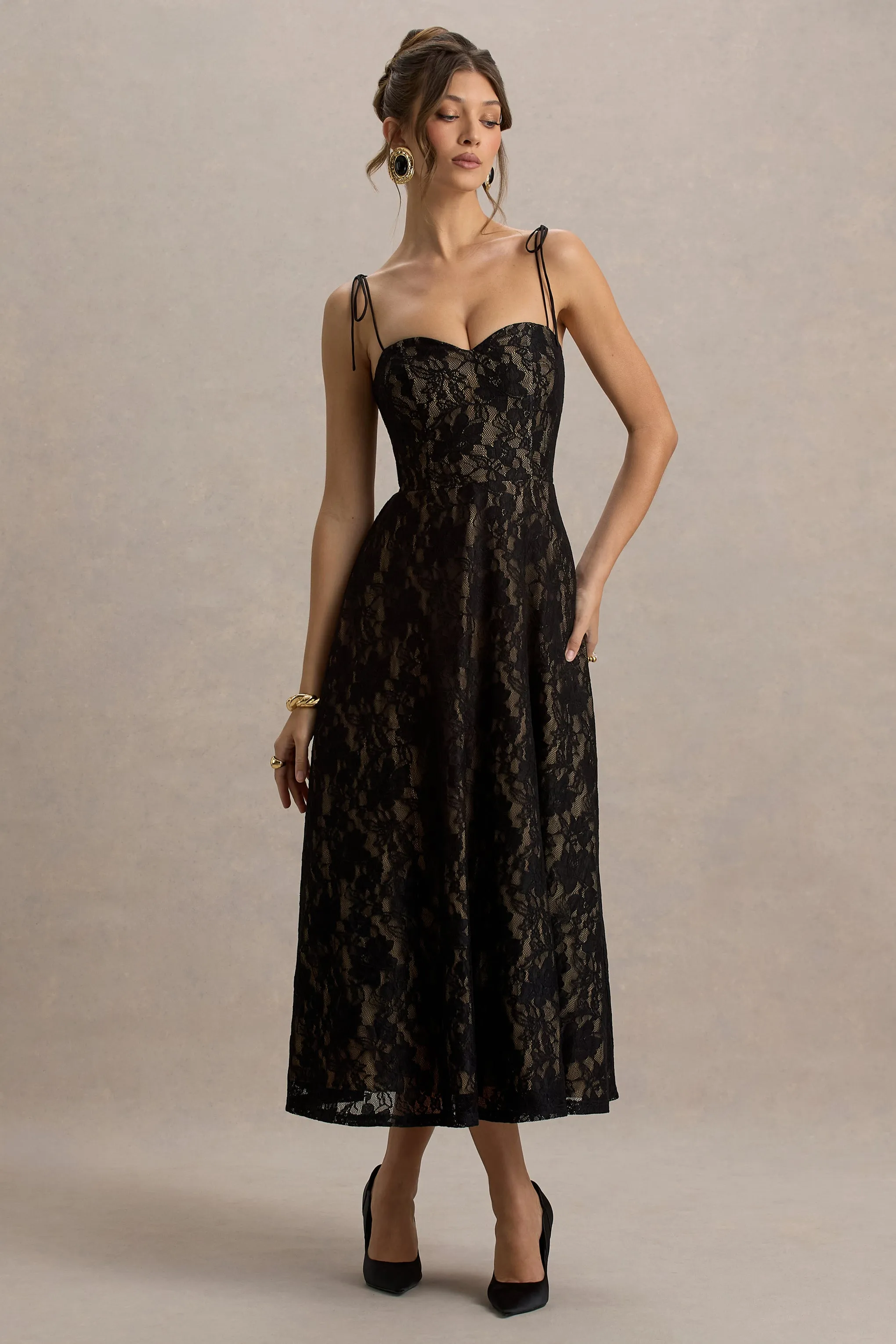 Sheridan | Black Lace Sweetheart Midi Dress With Backless Detail sold by Club L London