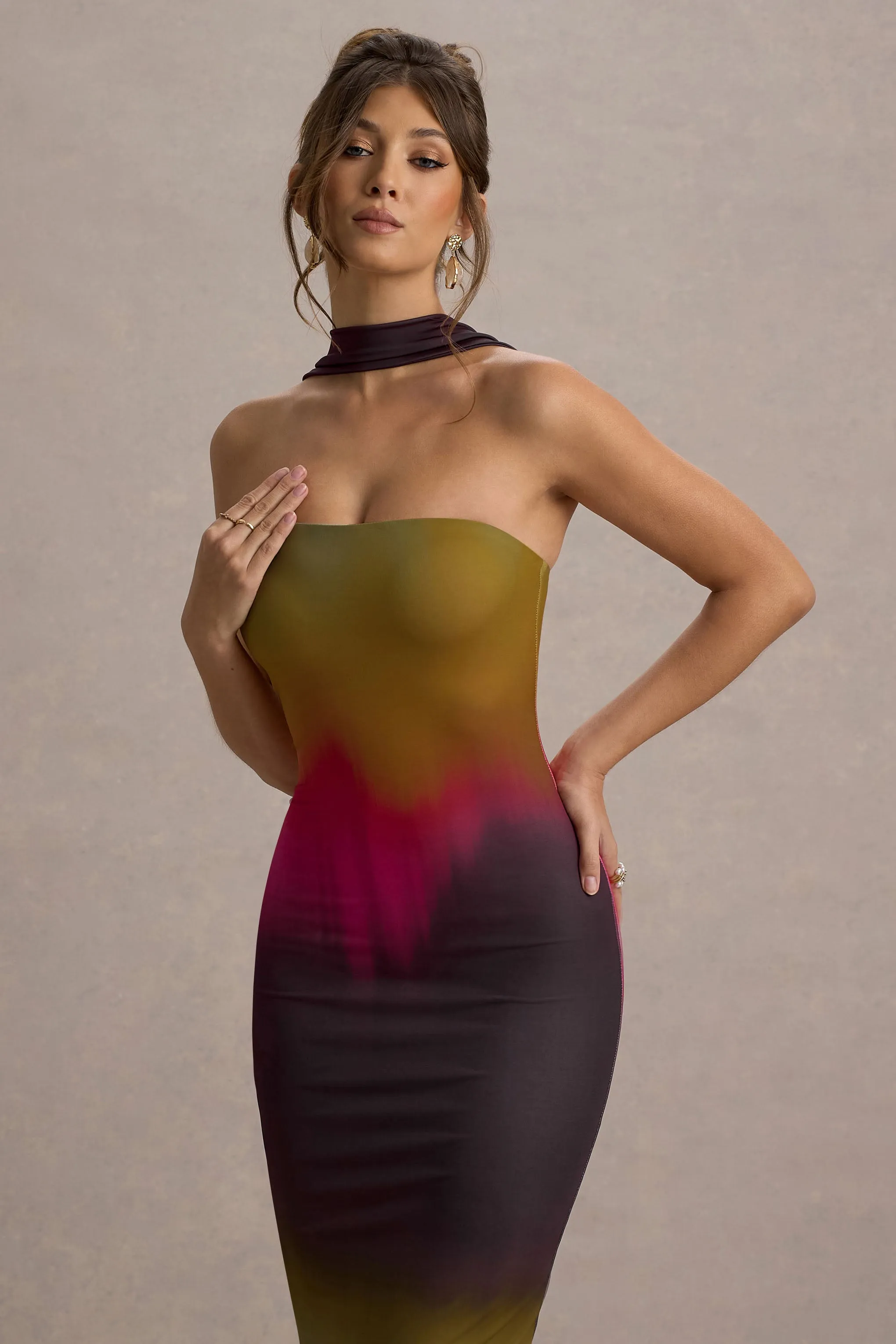 Nobu | Ombre Print Bandeau Maxi Dress With Halter-Collar sold by Club L London product image thumbnail 3