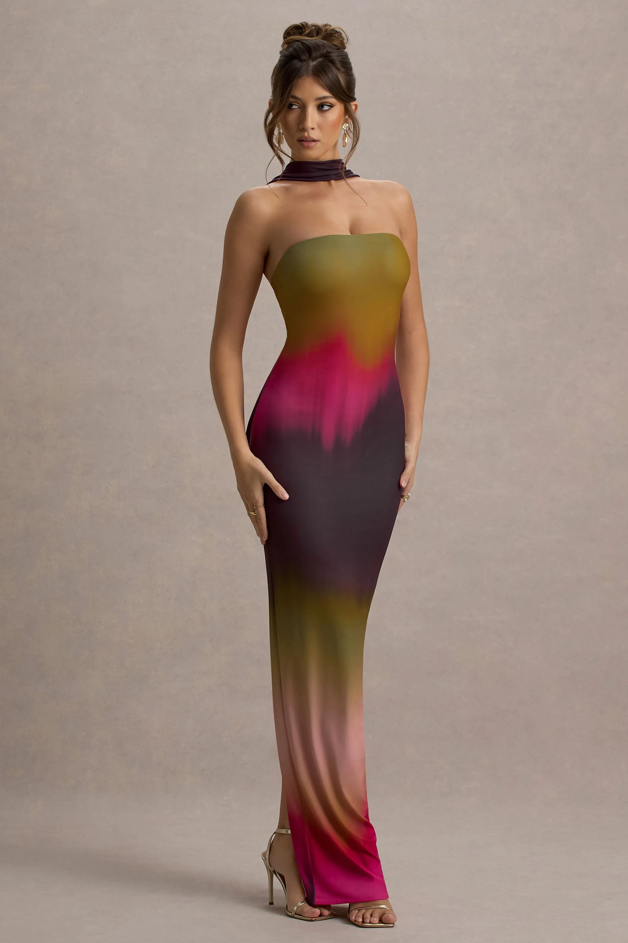 Nobu | Ombre Print Bandeau Maxi Dress With Halter-Collar sold by Club L London product image thumbnail 4