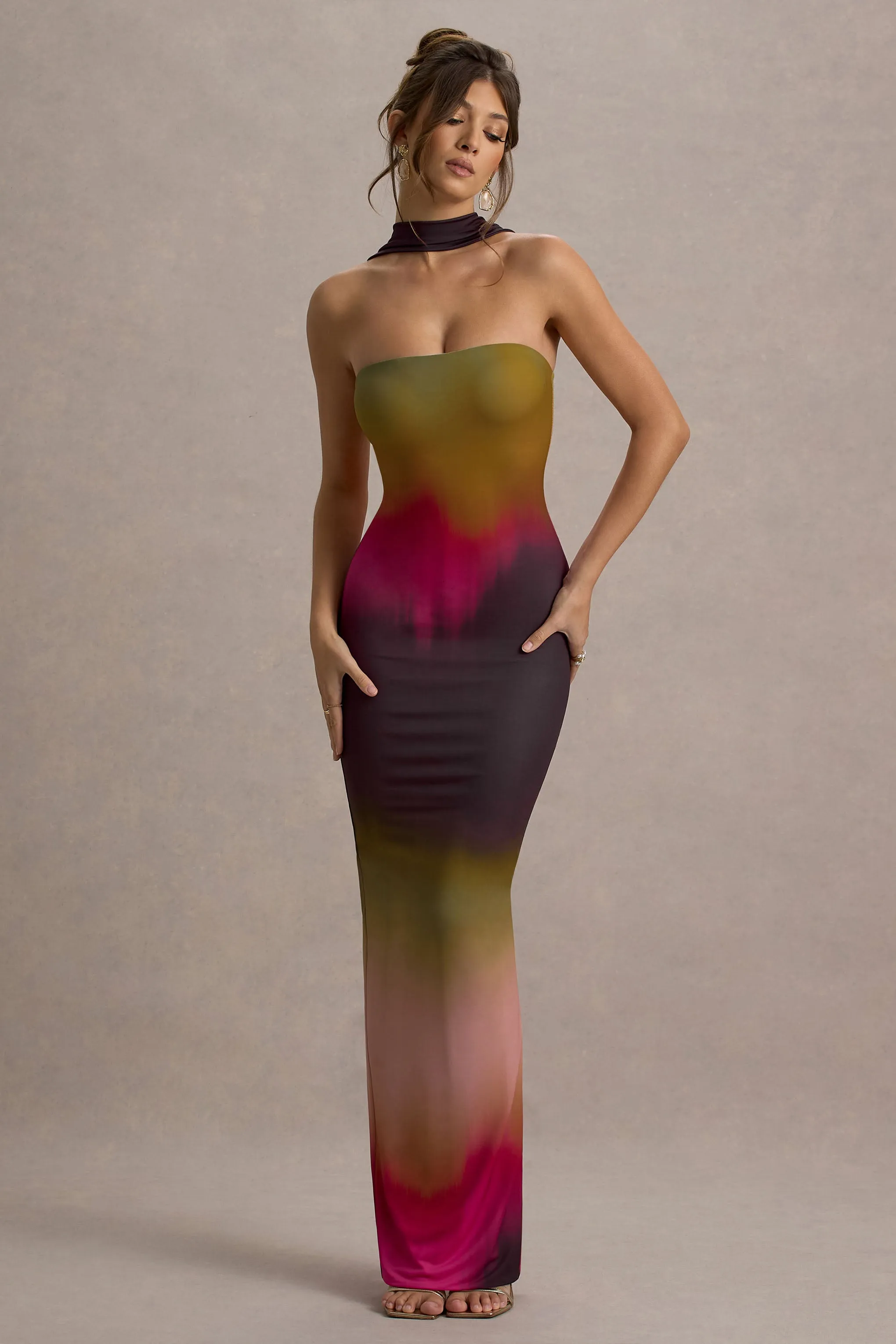 Nobu | Ombre Print Bandeau Maxi Dress With Halter-Collar sold by Club L London