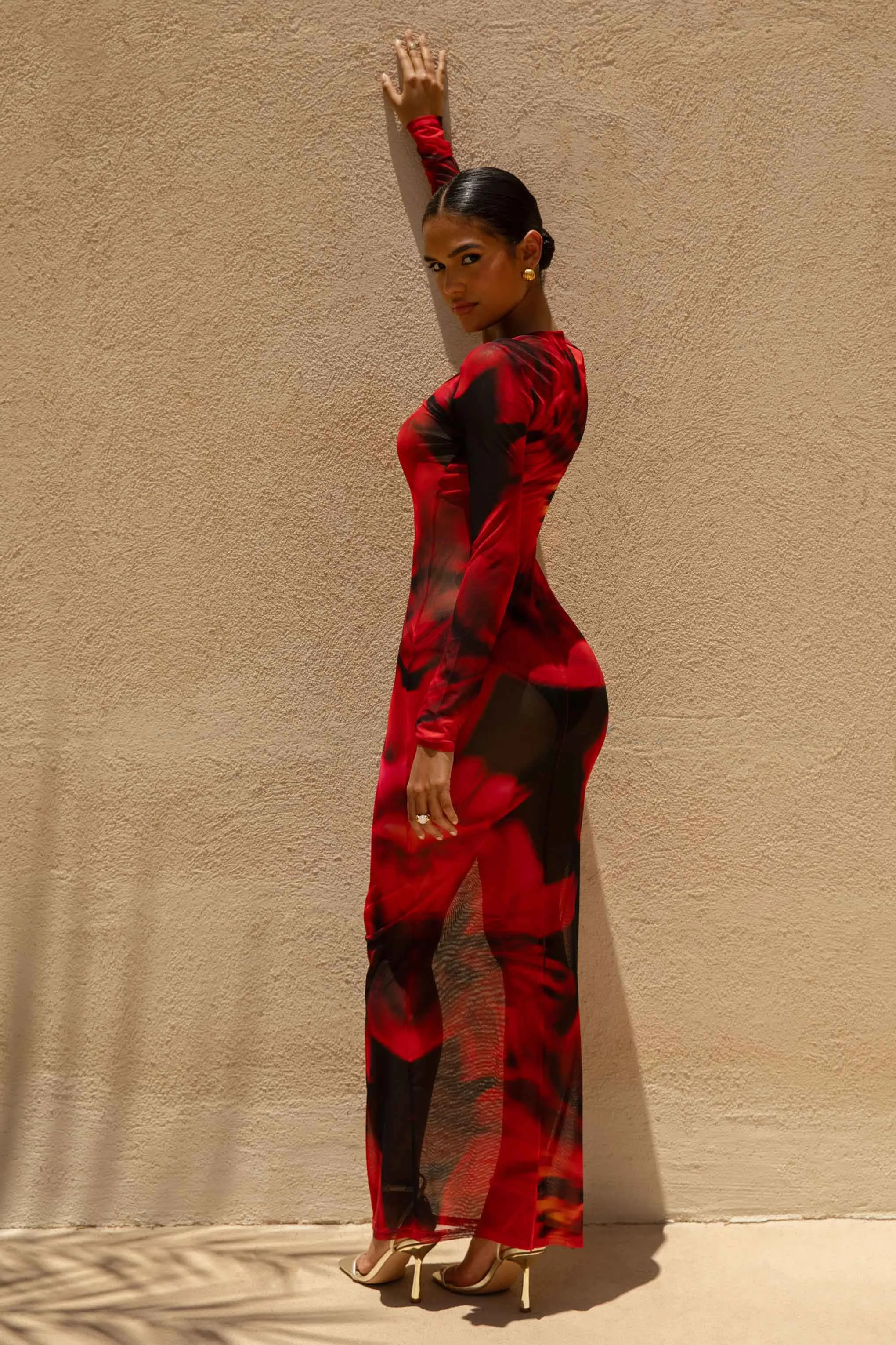 Marcy | Red And Black Floral Print High-Neck Maxi Dress sold by Club L London product image thumbnail 2