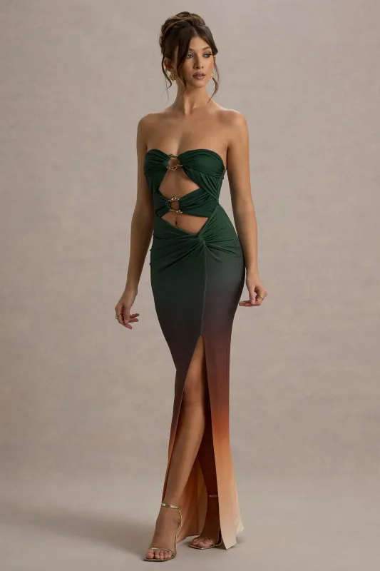 Laviza | Teal Ombre Print Strapless Cut-Out Wrap Maxi Dress sold by Club L London