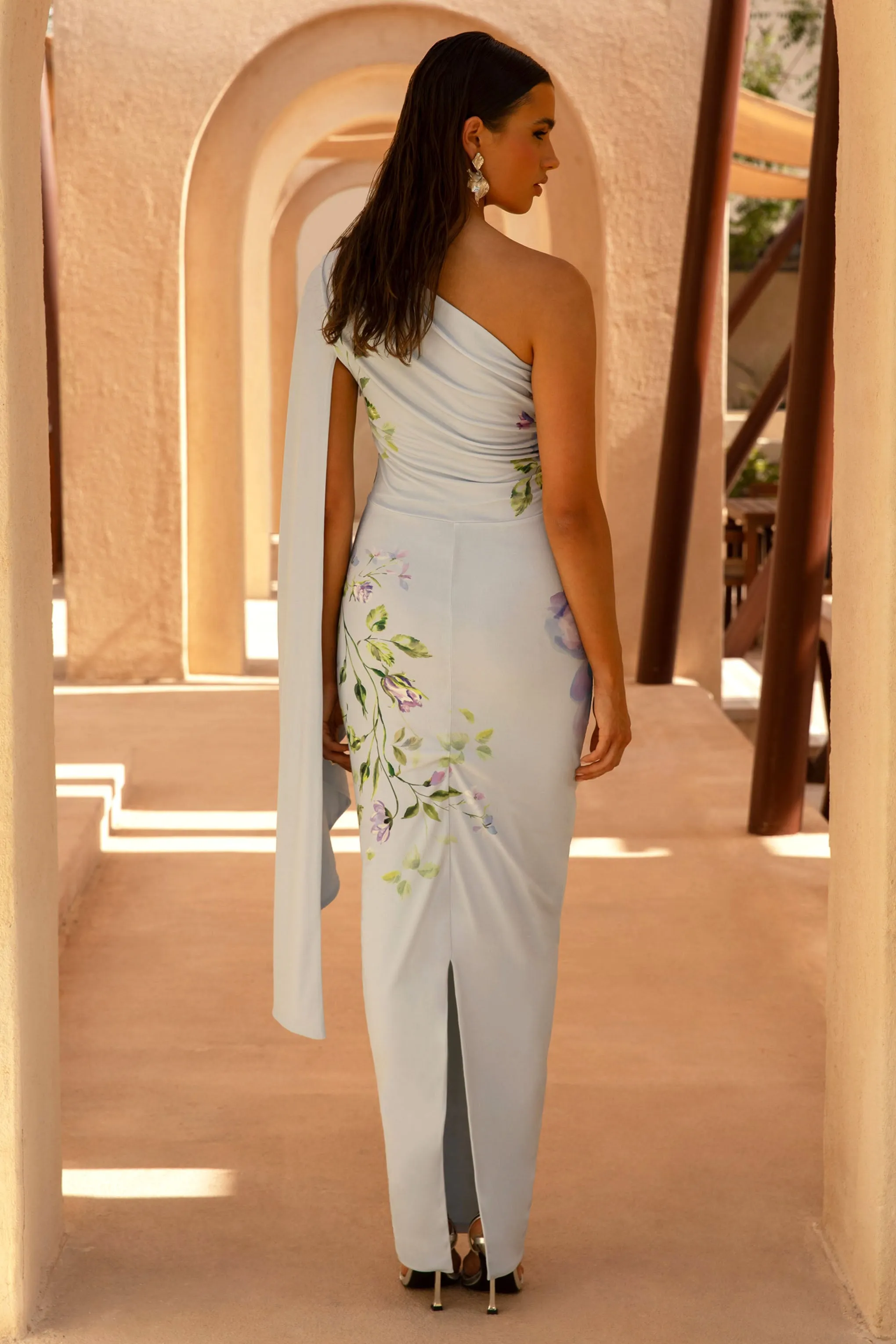 Clementina | Powder Blue Rose Print Asymmetric Cape Sleeve Maxi Dress sold by Club L London product image thumbnail 2