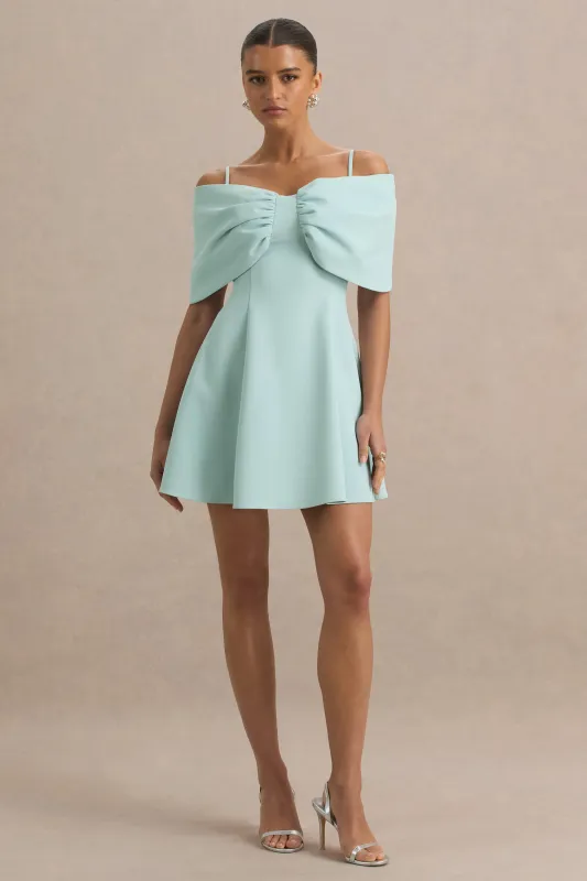 Faria | Light Blue Short-Sleeve Bardot Mini Dress With Bow Detail made by Club L London