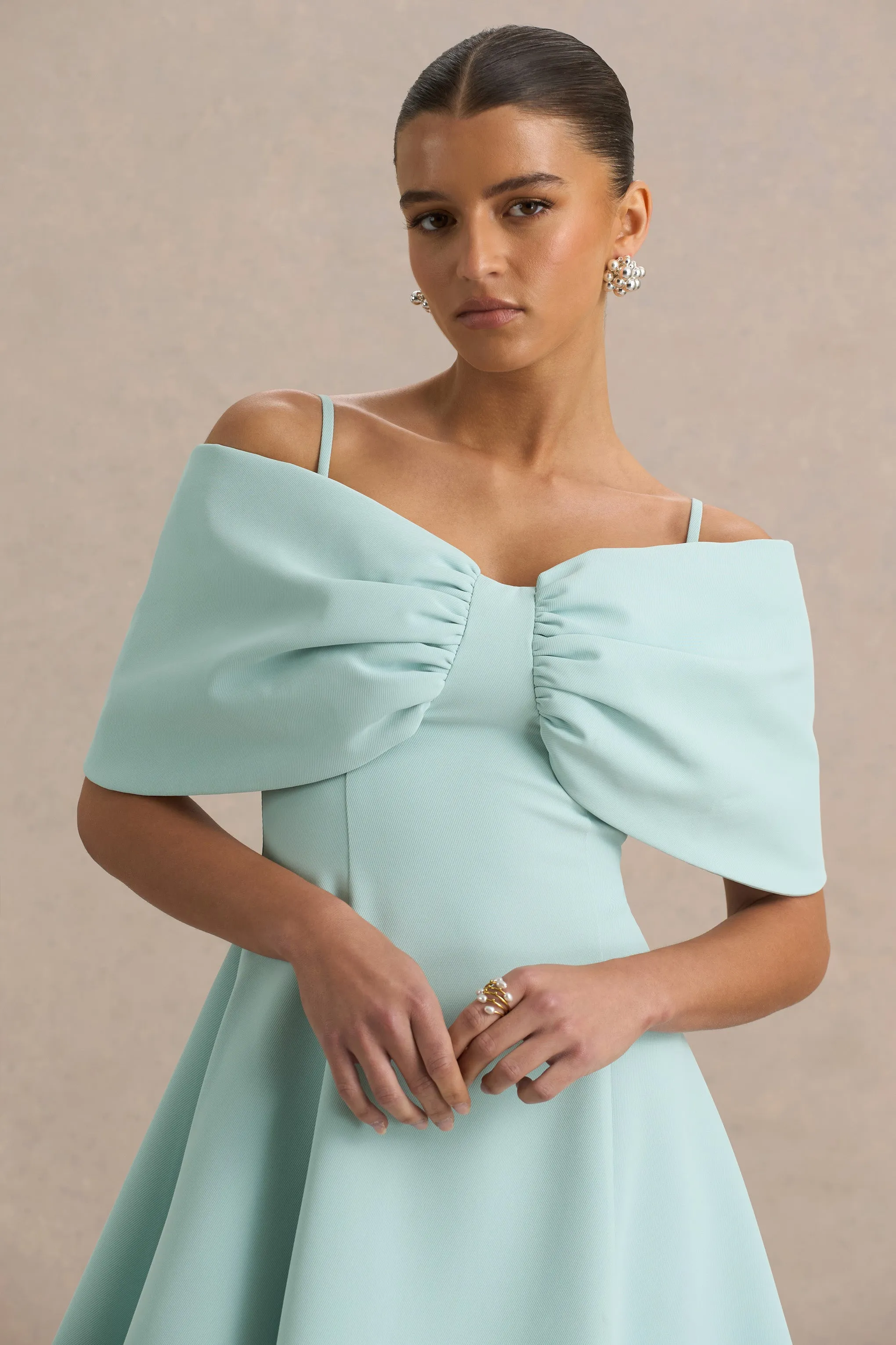 Faria | Light Blue Short-Sleeve Bardot Mini Dress With Bow Detail sold by Club L London product image thumbnail 4