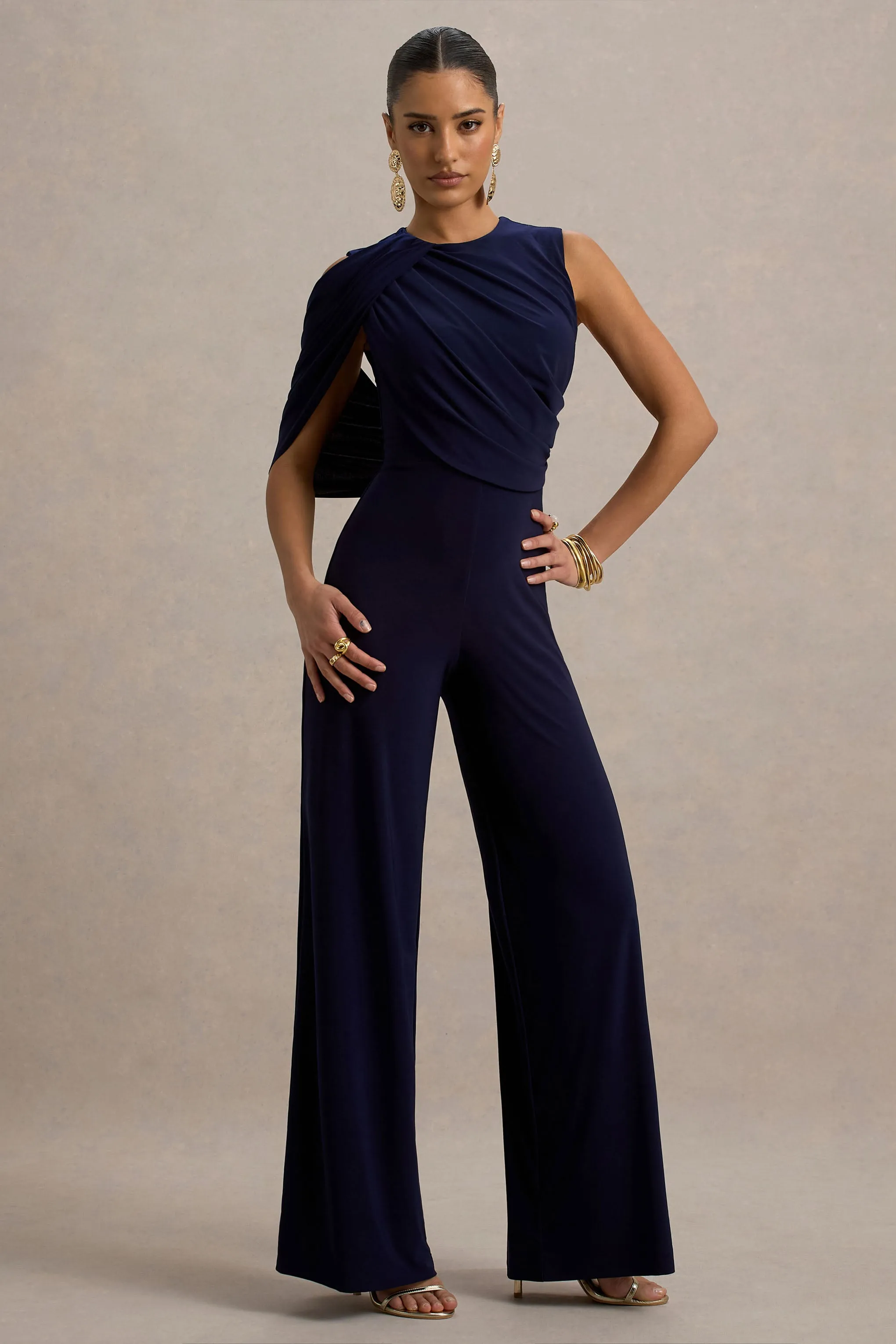 Opulence | Navy Jumpsuit With Cape Sleeve and Draped Details sold by Club L London product image thumbnail 5