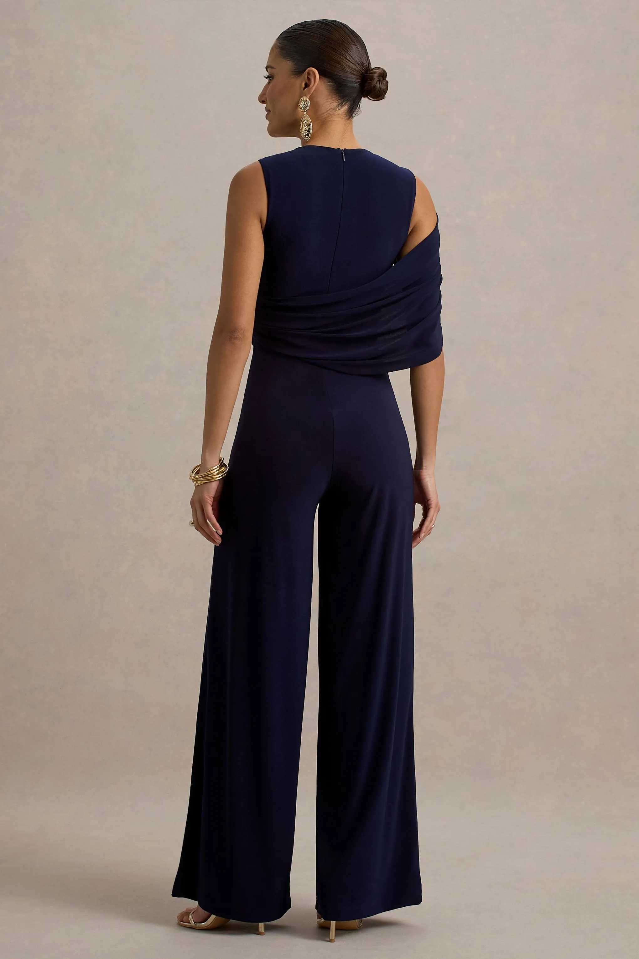 Opulence | Navy Jumpsuit With Cape Sleeve and Draped Details sold by Club L London product image thumbnail 2