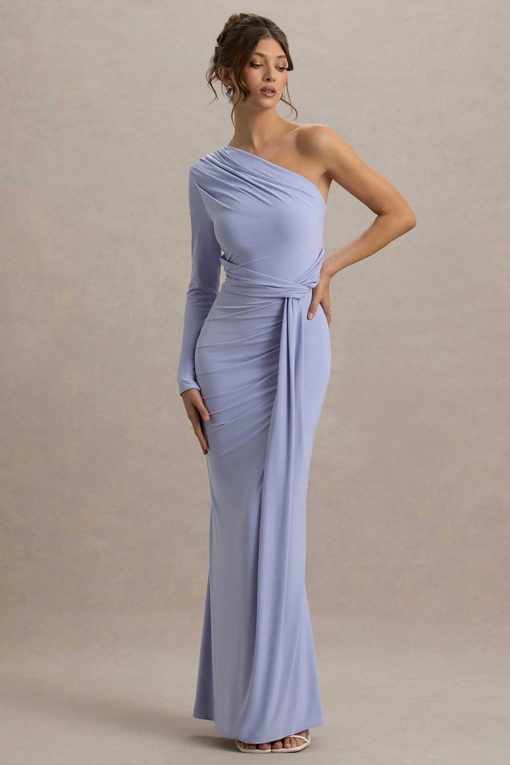 Sanya | Pale Blue Asymmetric One Sleeve Wrap Maxi Dress with Drape sold by Club L London product image thumbnail 5