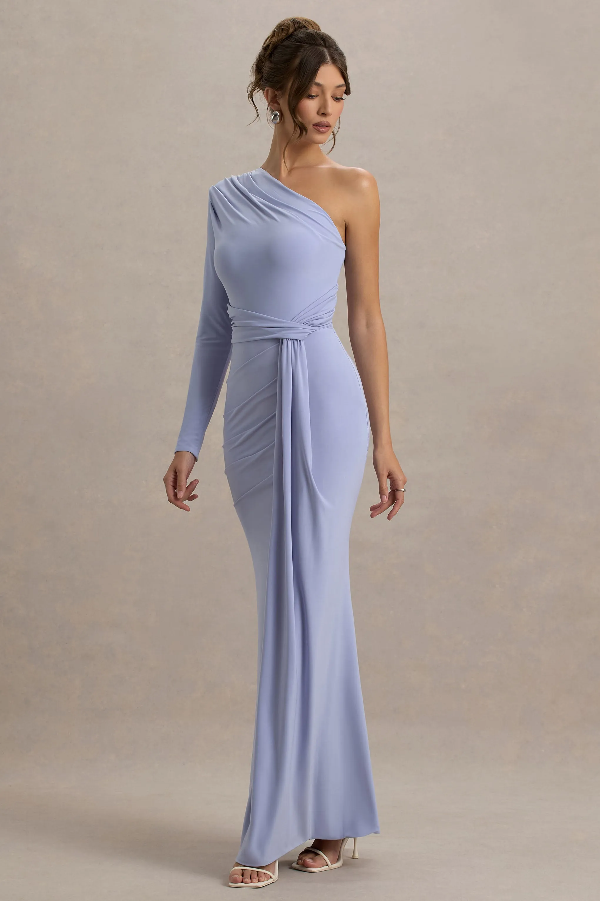 Sanya | Pale Blue Asymmetric One Sleeve Wrap Maxi Dress with Drape sold by Club L London product image thumbnail 4