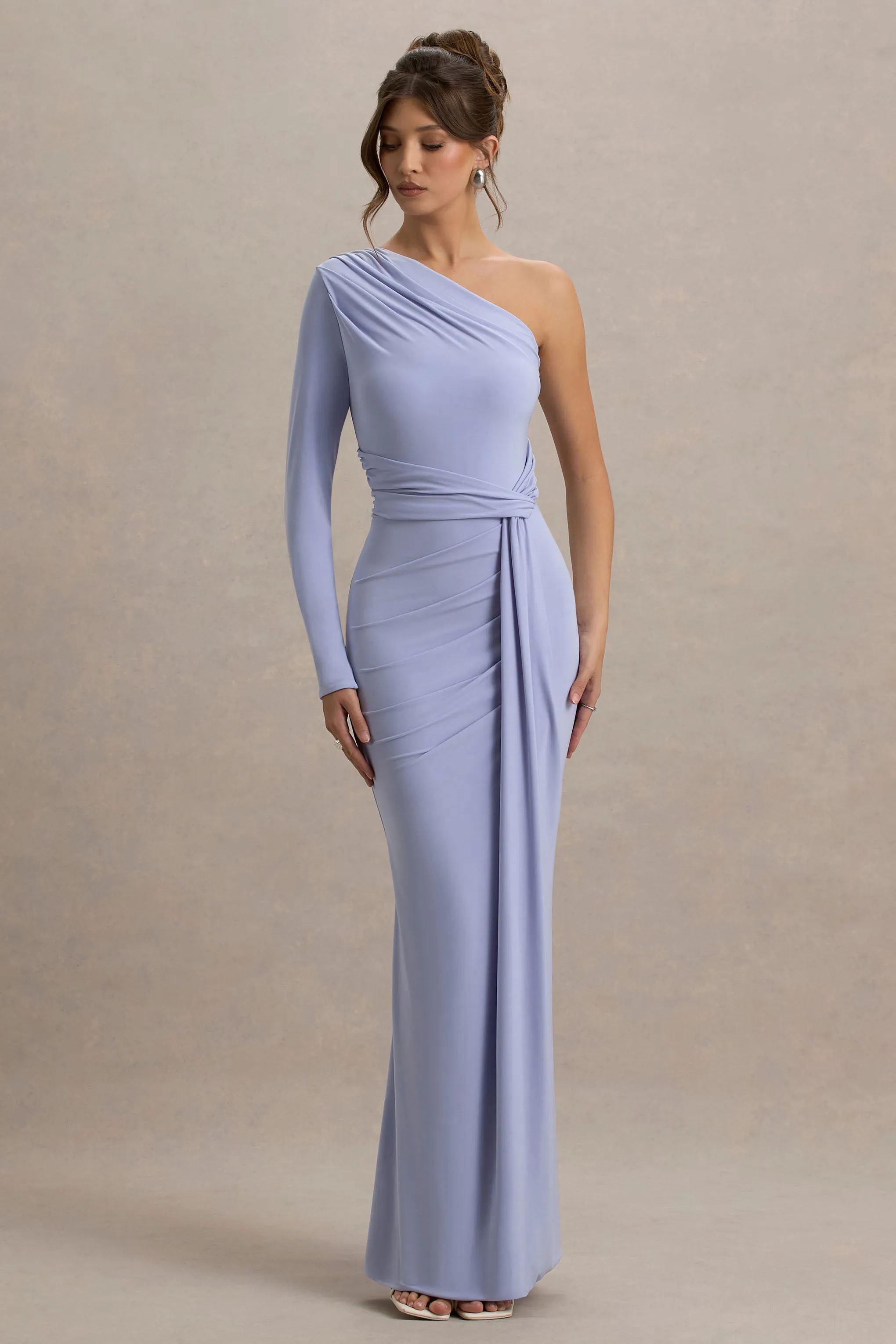 Sanya | Pale Blue Asymmetric One Sleeve Wrap Maxi Dress with Drape sold by Club L London