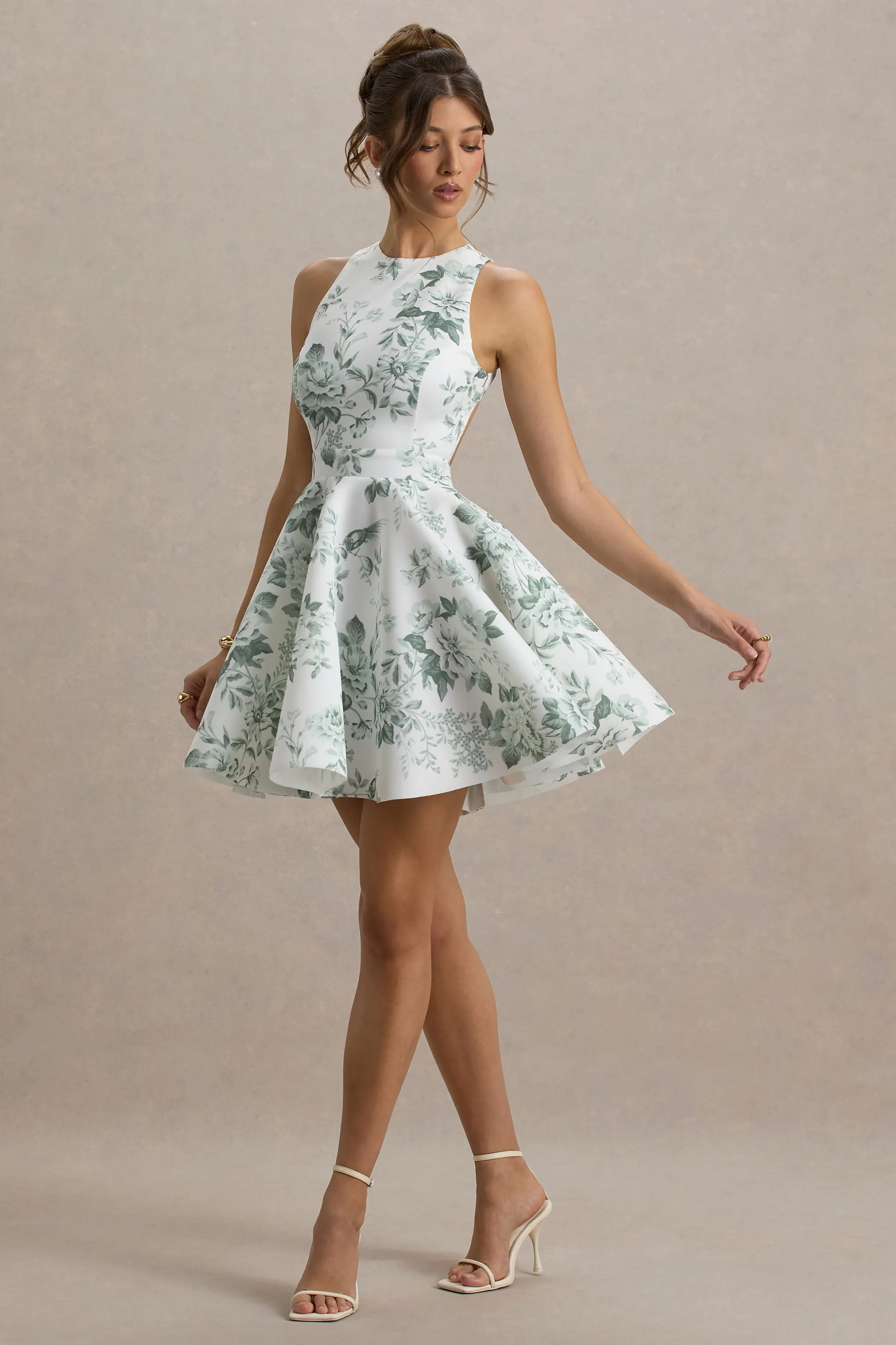 Waverly | Green Porcelain Print Racer-Neck Sleeveless Skater Mini Dress sold by Club L London