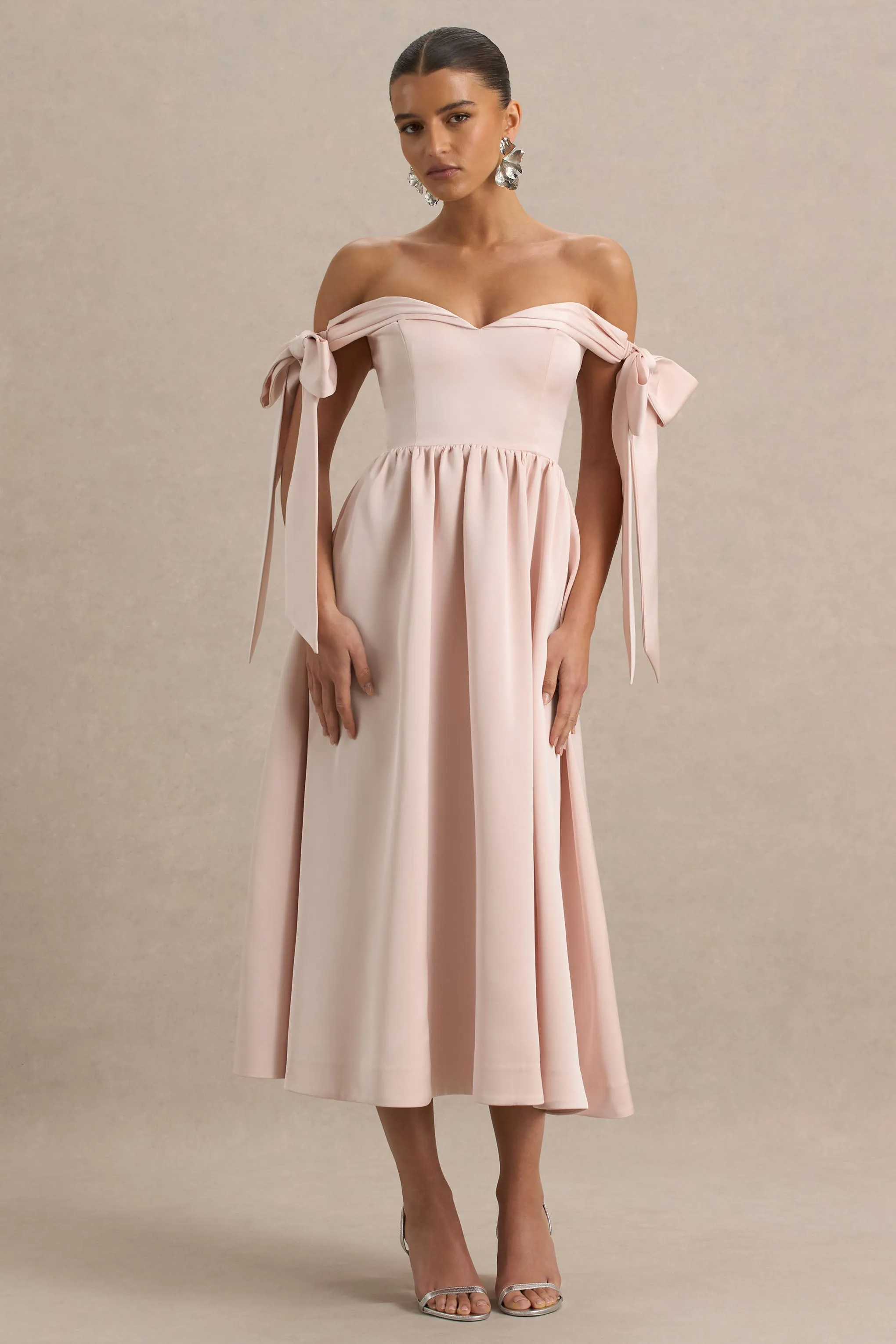 Agafay | Rose Pink Satin Short-Sleeve Bardot Wrap Midi Dress With Bow Detail sold by Club L London