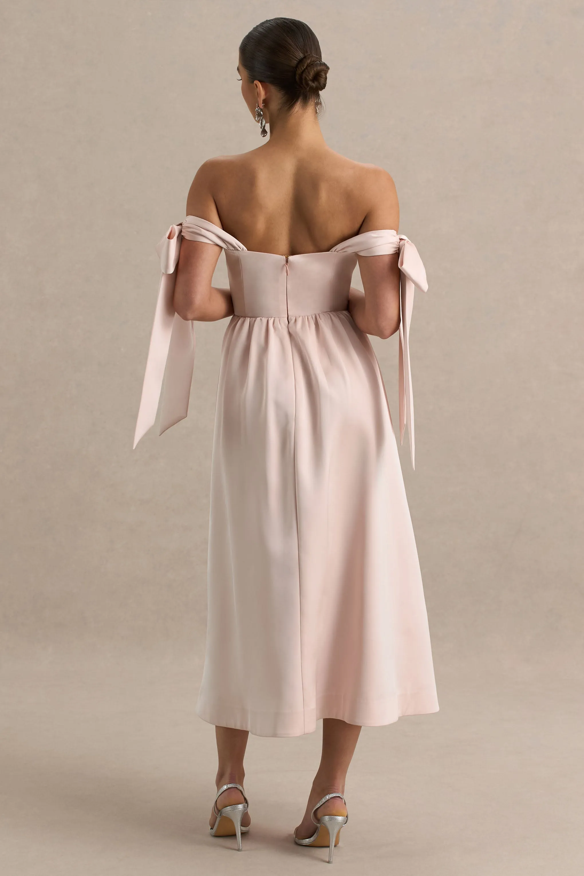 Agafay | Rose Pink Satin Short-Sleeve Bardot Wrap Midi Dress With Bow Detail sold by Club L London product image thumbnail 2