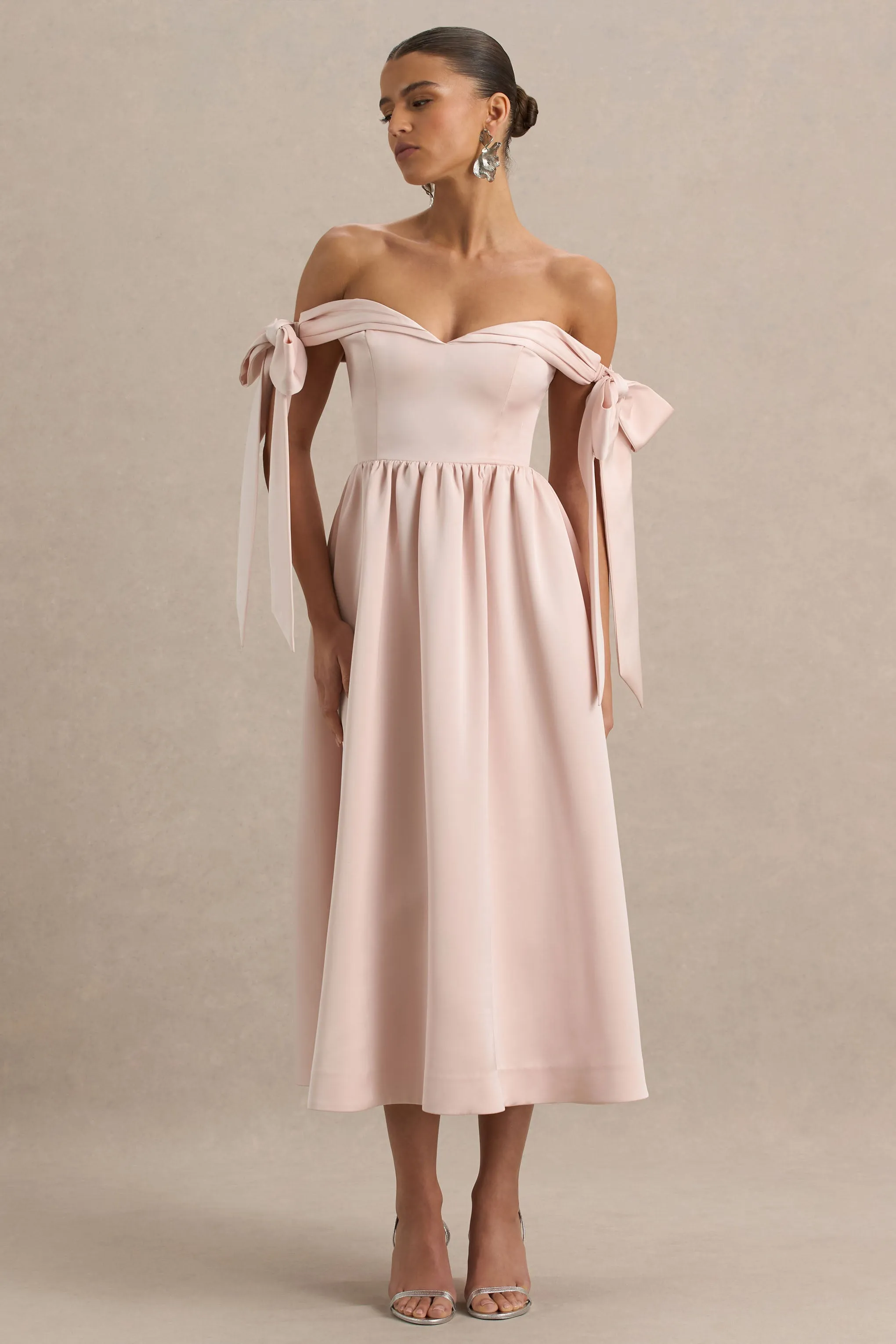 Agafay | Rose Pink Satin Short-Sleeve Bardot Wrap Midi Dress With Bow Detail sold by Club L London product image thumbnail 4