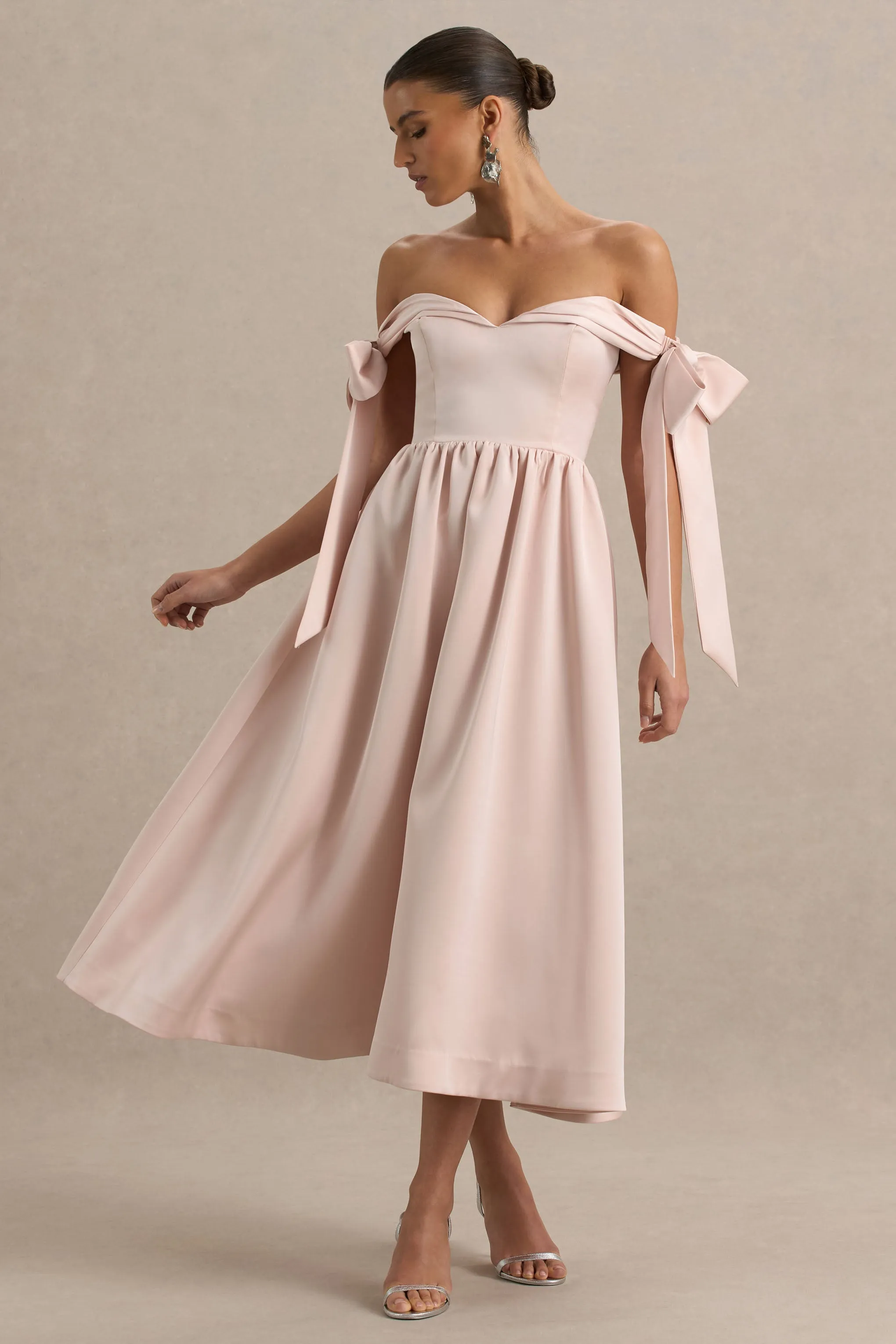 Agafay | Rose Pink Satin Short-Sleeve Bardot Wrap Midi Dress With Bow Detail sold by Club L London product image thumbnail 3