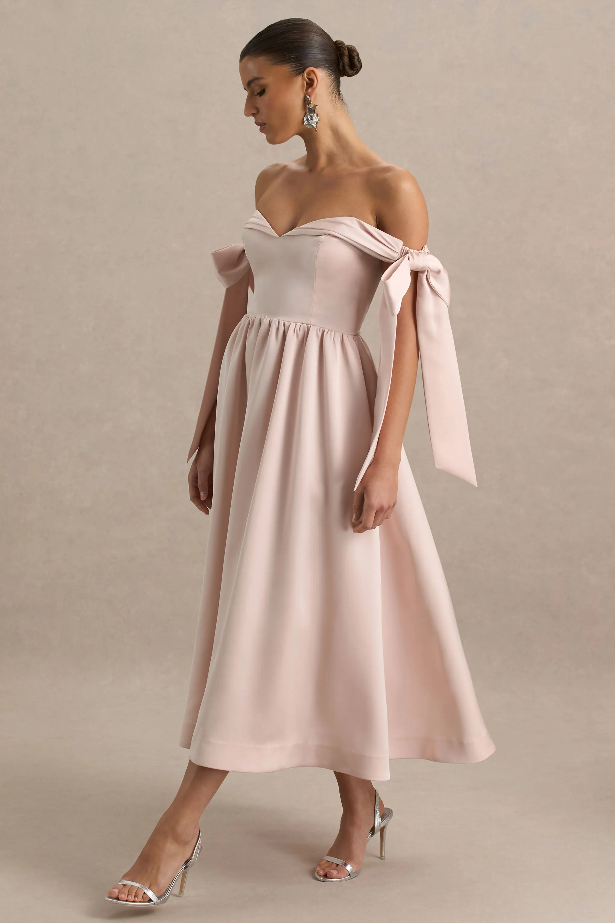 Agafay | Rose Pink Satin Short-Sleeve Bardot Wrap Midi Dress With Bow Detail sold by Club L London product image thumbnail 5