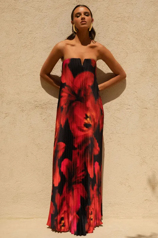 Bergamot | Black And Red Floral Print Satin Sweetheart Maxi Dress sold by Club L London