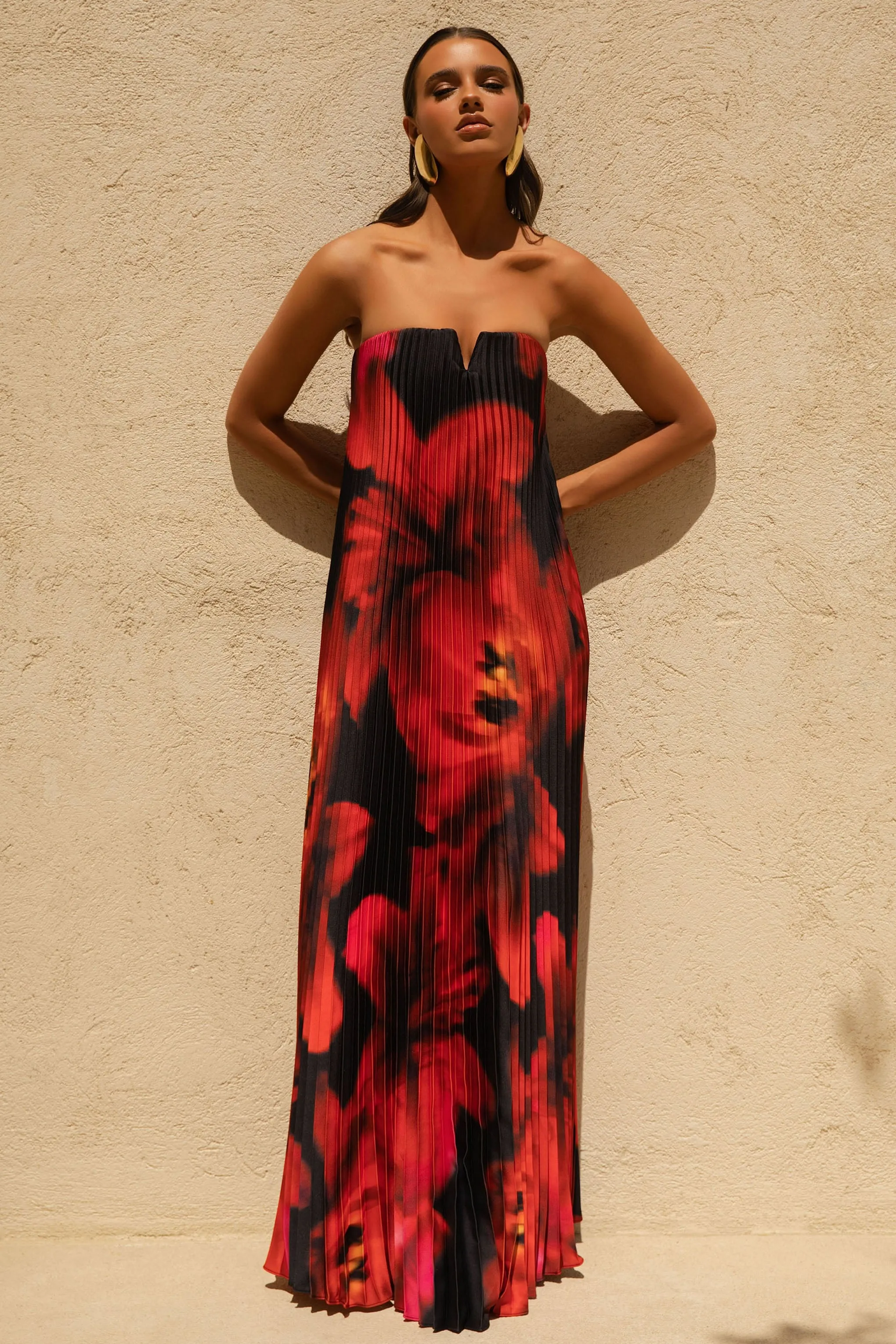 Bergamot | Black And Red Floral Print Satin Sweetheart Maxi Dress sold by Club L London