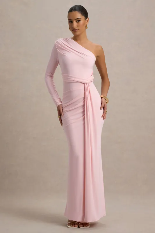 Sanya | Blush Pink Asymmetric One Sleeve Wrap Maxi Dress with Drape sold by Club L London