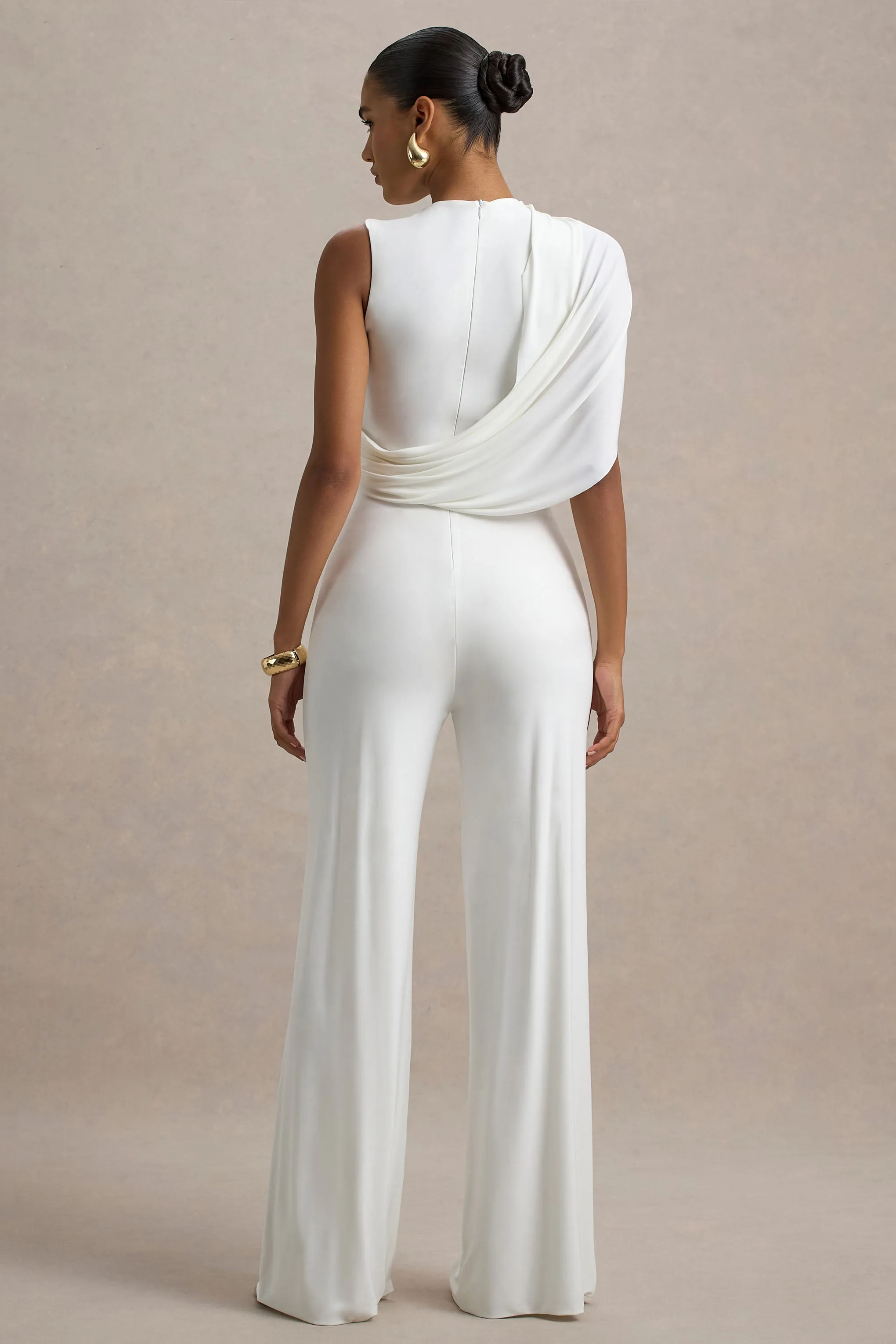 Opulence | White Jumpsuit With Cape Sleeve and Draped Details sold by Club L London product image thumbnail 2