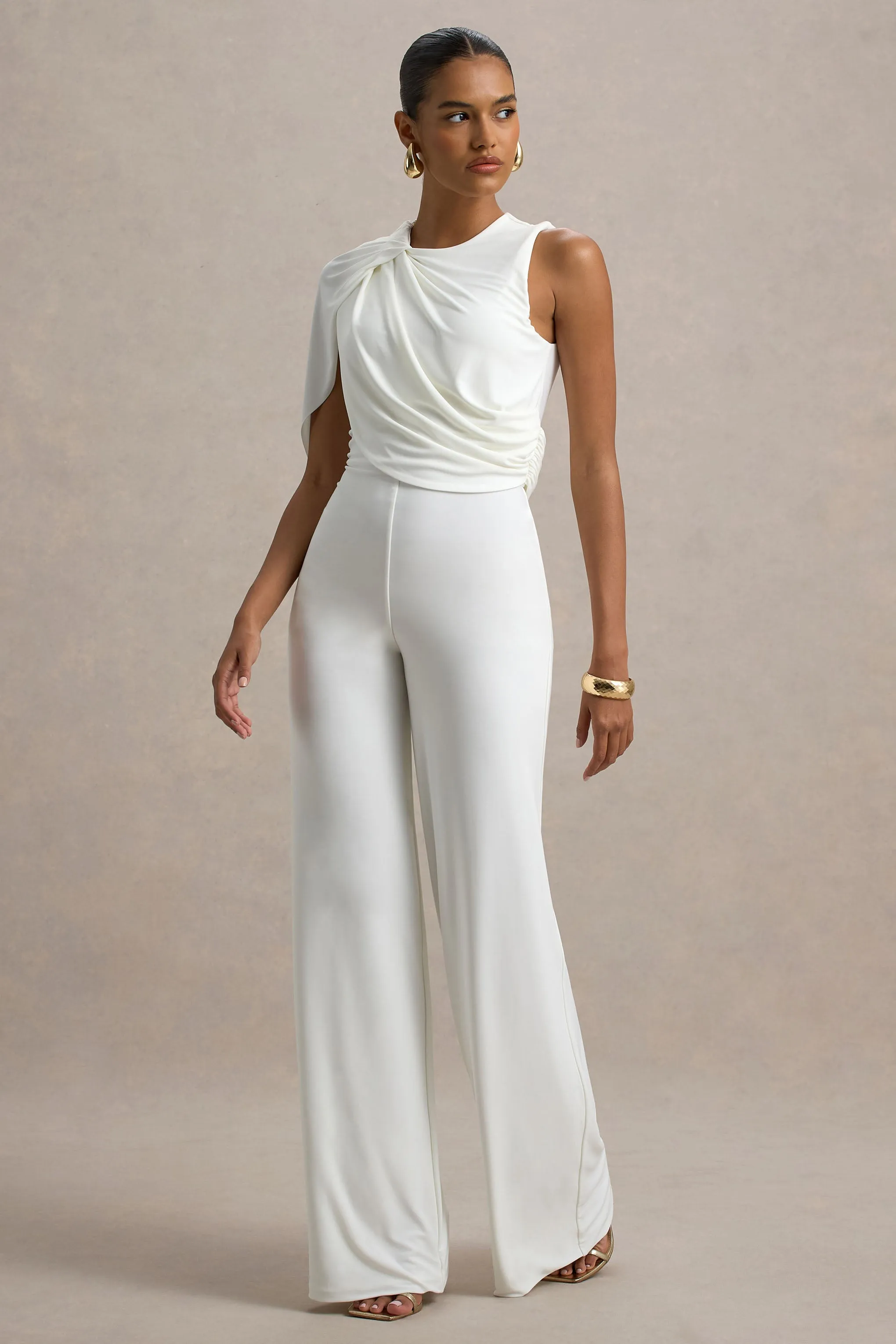 Opulence | White Jumpsuit With Cape Sleeve and Draped Details sold by Club L London product image thumbnail 5