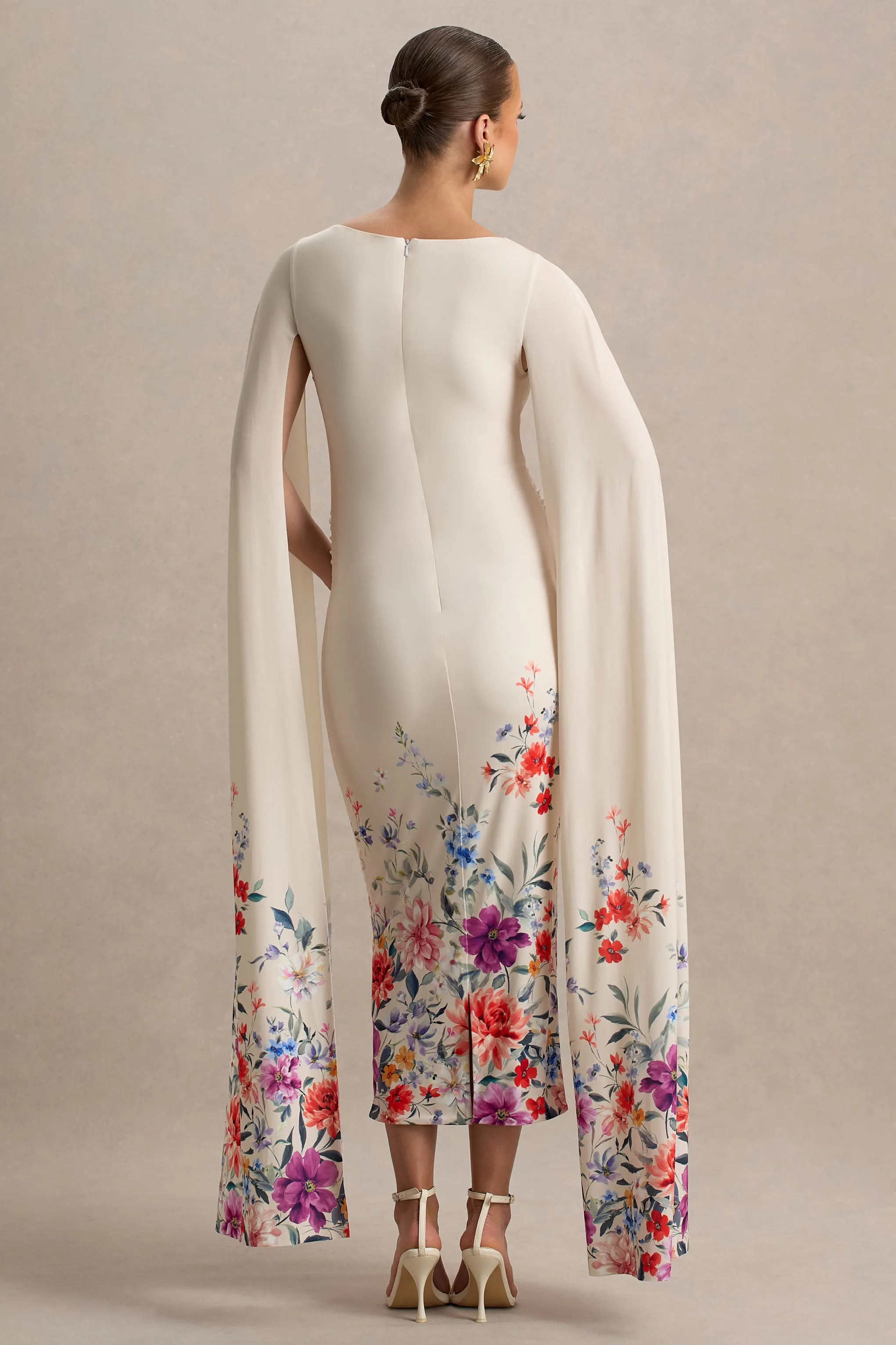 Providence | Light Pink Floral Print Boat-Neck Maternity Midi Dress With Cape Sleeves sold by Club L London product image thumbnail 2