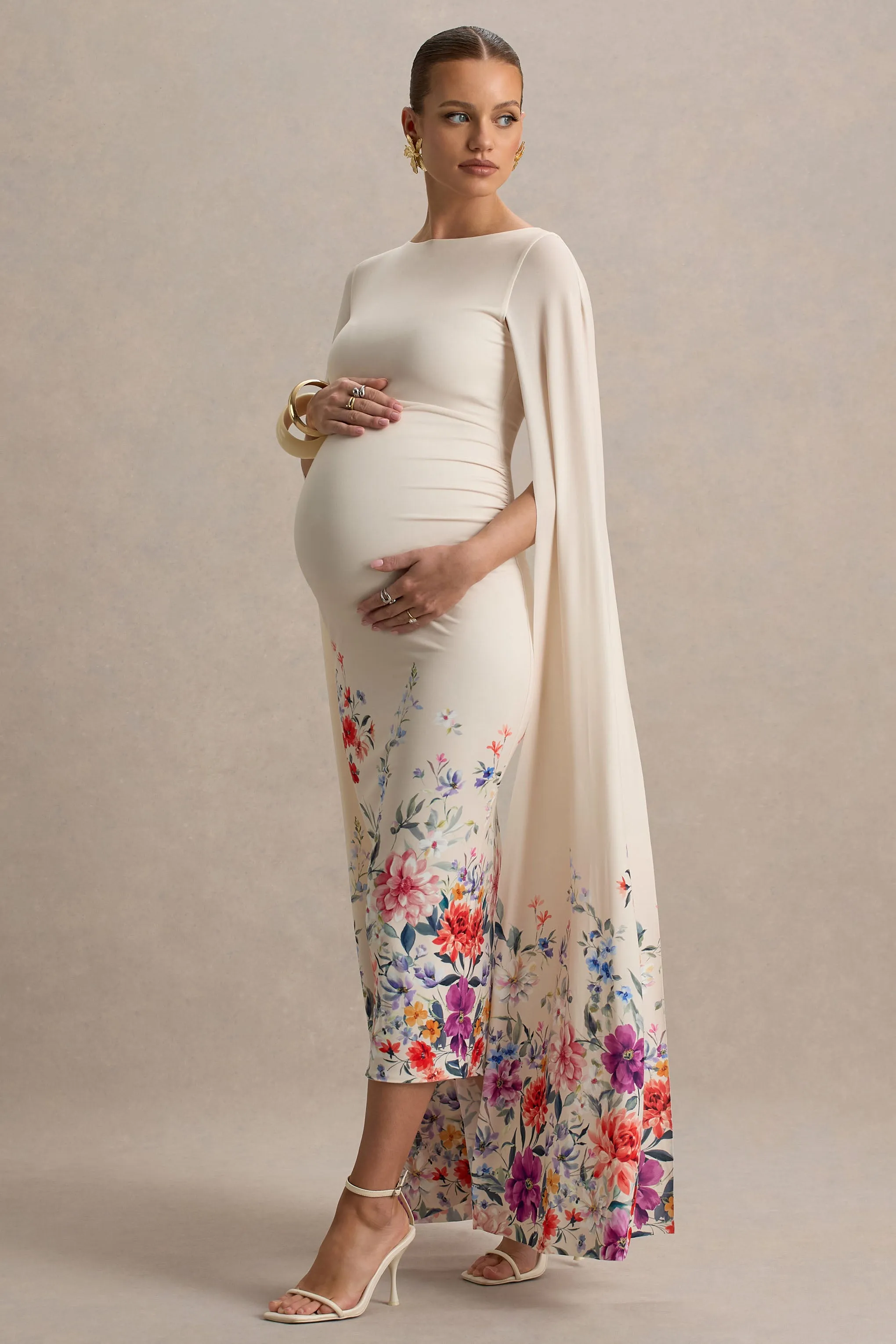 Providence | Light Pink Floral Print Boat-Neck Maternity Midi Dress With Cape Sleeves sold by Club L London product image thumbnail 4