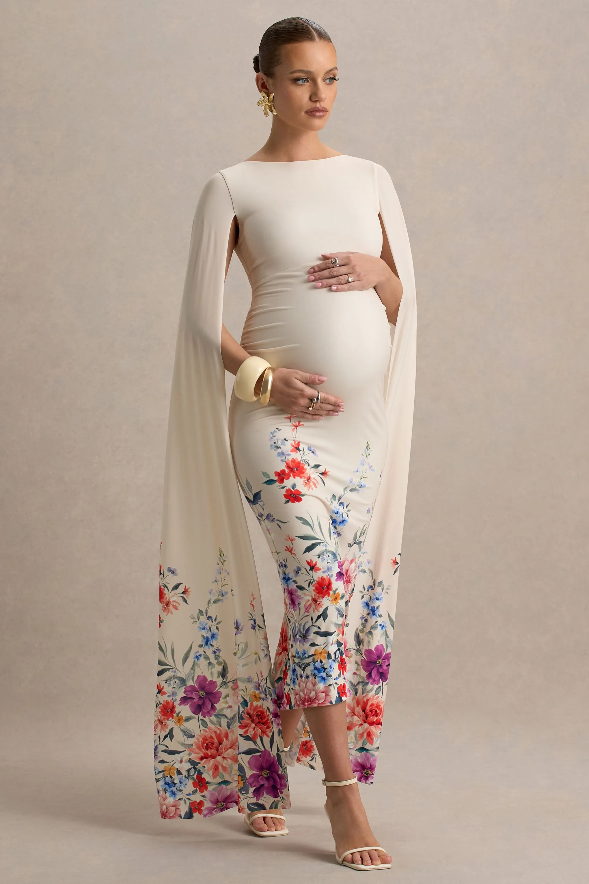 Providence | Light Pink Floral Print Boat-Neck Maternity Midi Dress With Cape Sleeves sold by Club L London