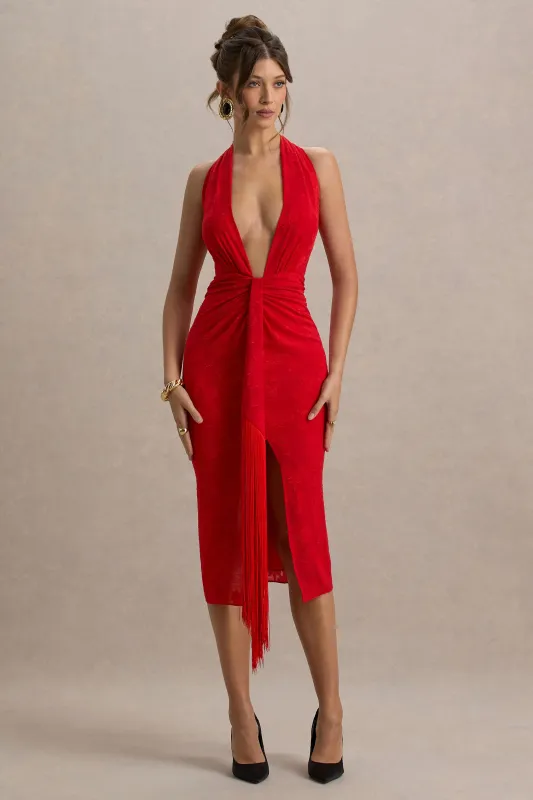 Auria | Red Satin Devore Plunge-Neck Midi Dress With Fringe Details sold by Club L London