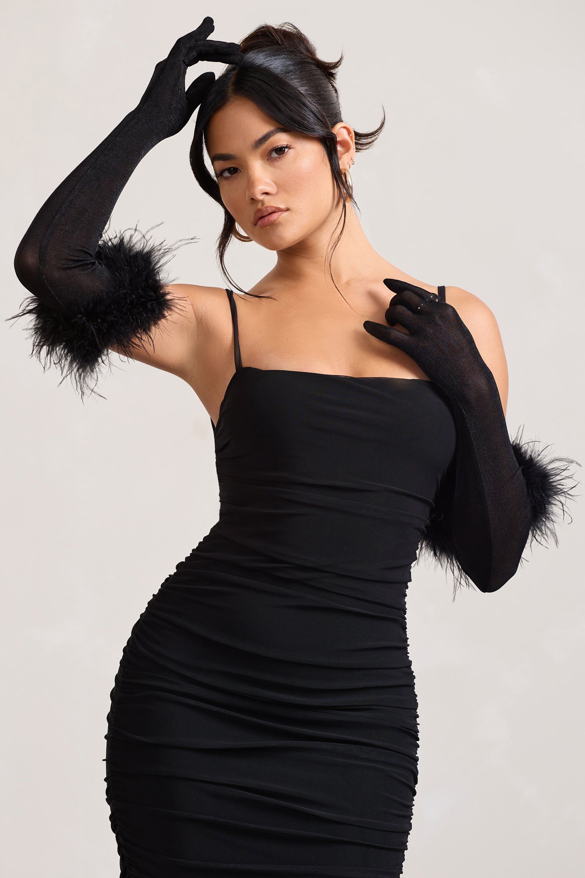 Spicy Signs | Black Long-Sleeved Feather Gloves sold by Club L London