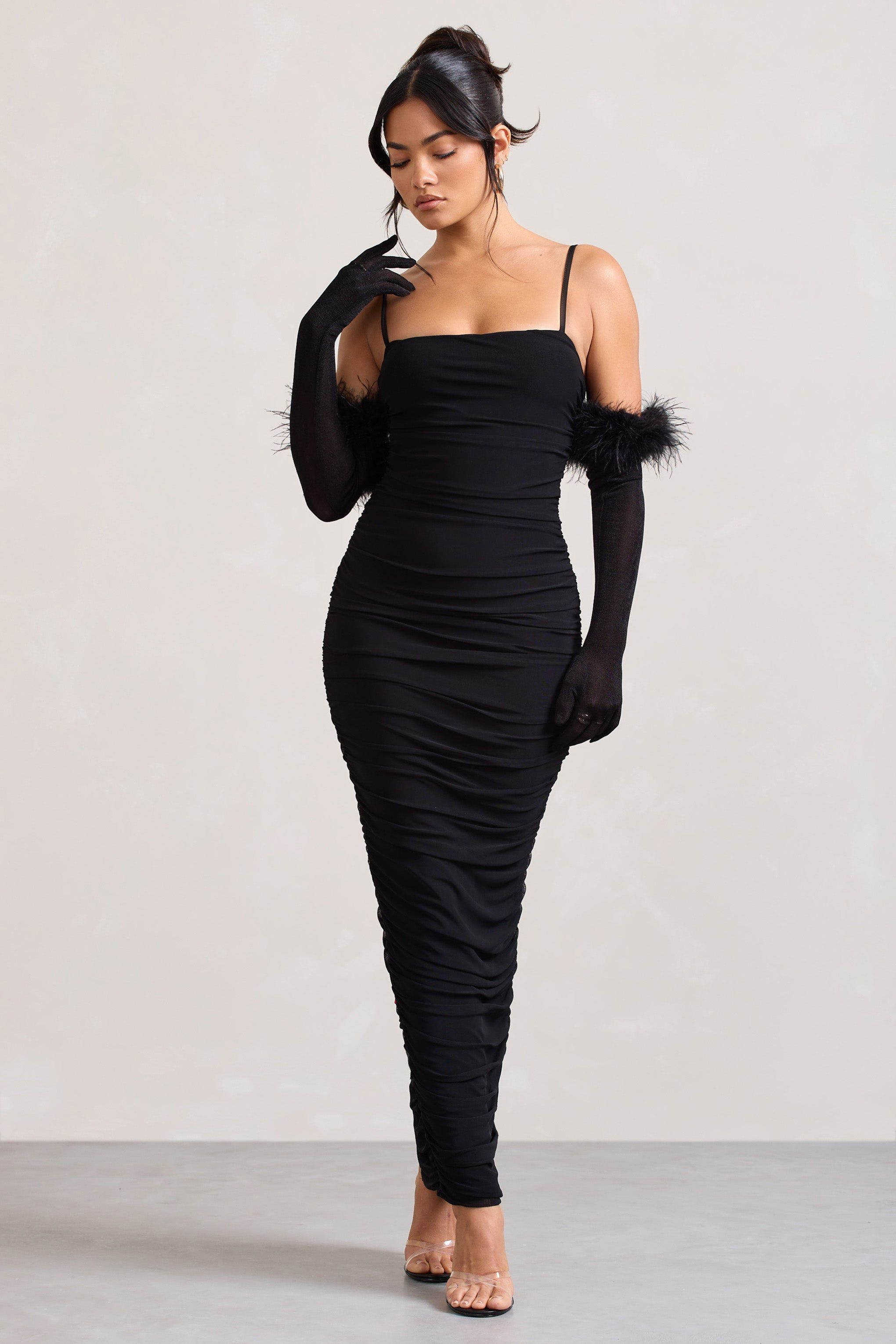 Spicy Signs | Black Long-Sleeved Feather Gloves sold by Club L London product image thumbnail 5