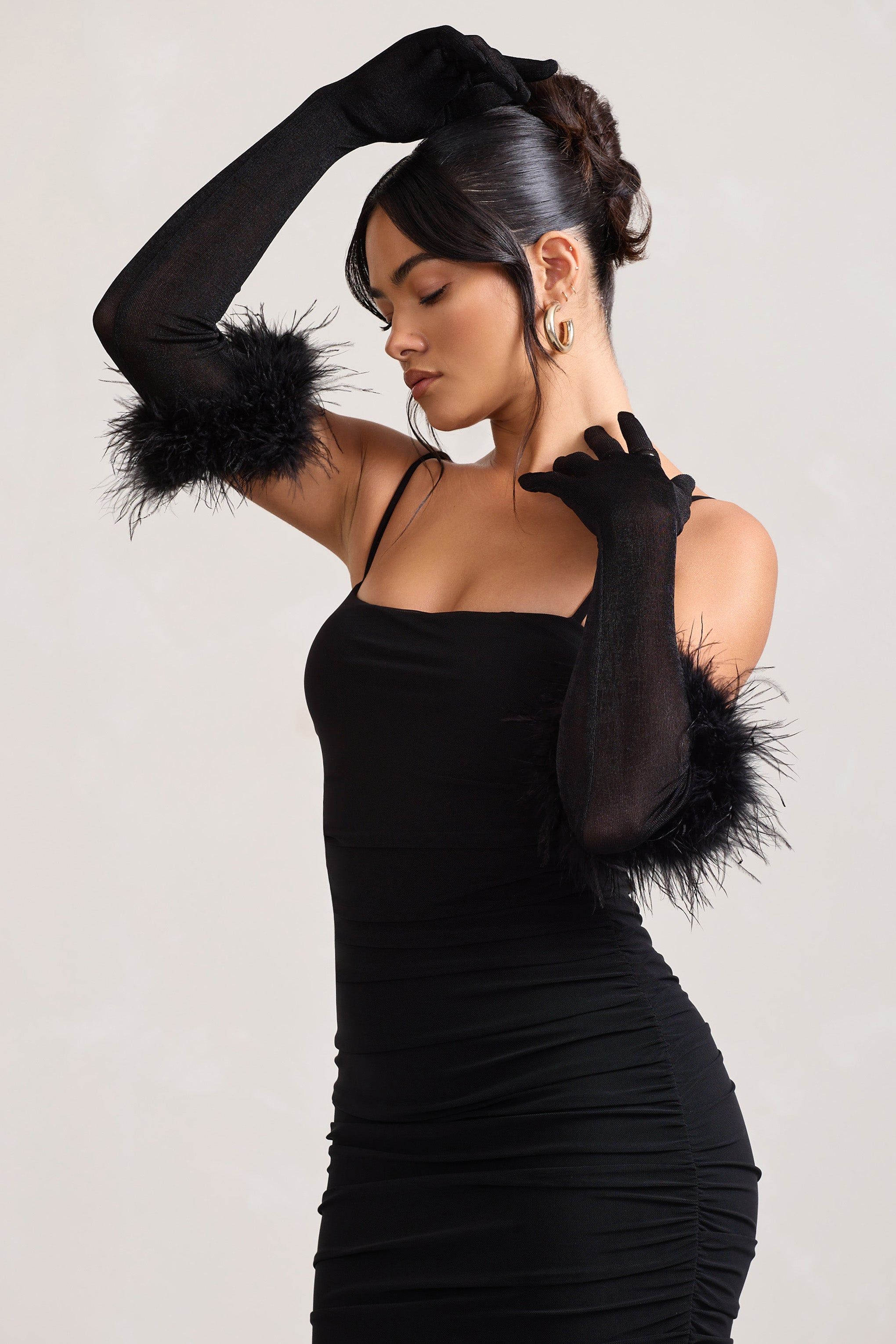Spicy Signs | Black Long-Sleeved Feather Gloves sold by Club L London product image thumbnail 4